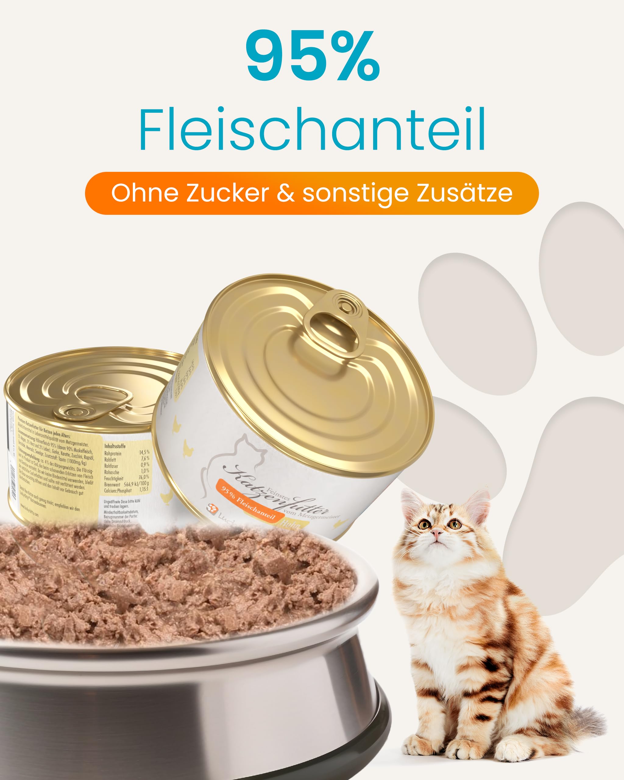 Lucky-Kitty Katzenfutter Nass Huhn, 95% Fleisch, Monoprotein, 16x200g | Ohne Getreide & Zucker, Lebensmittelqualität, Für Katzen & Kitten, Made in Germany