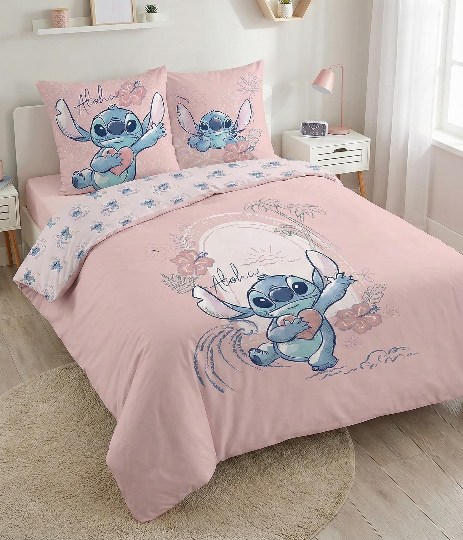 Stitch Rose Aloha Housse de Couette 240x220 + 2 Taies Coton Disney | Parure de lit 2 personnes réversible | Coton naturel respirant | Disney officiel | Cadeau couple | Lavable en machine