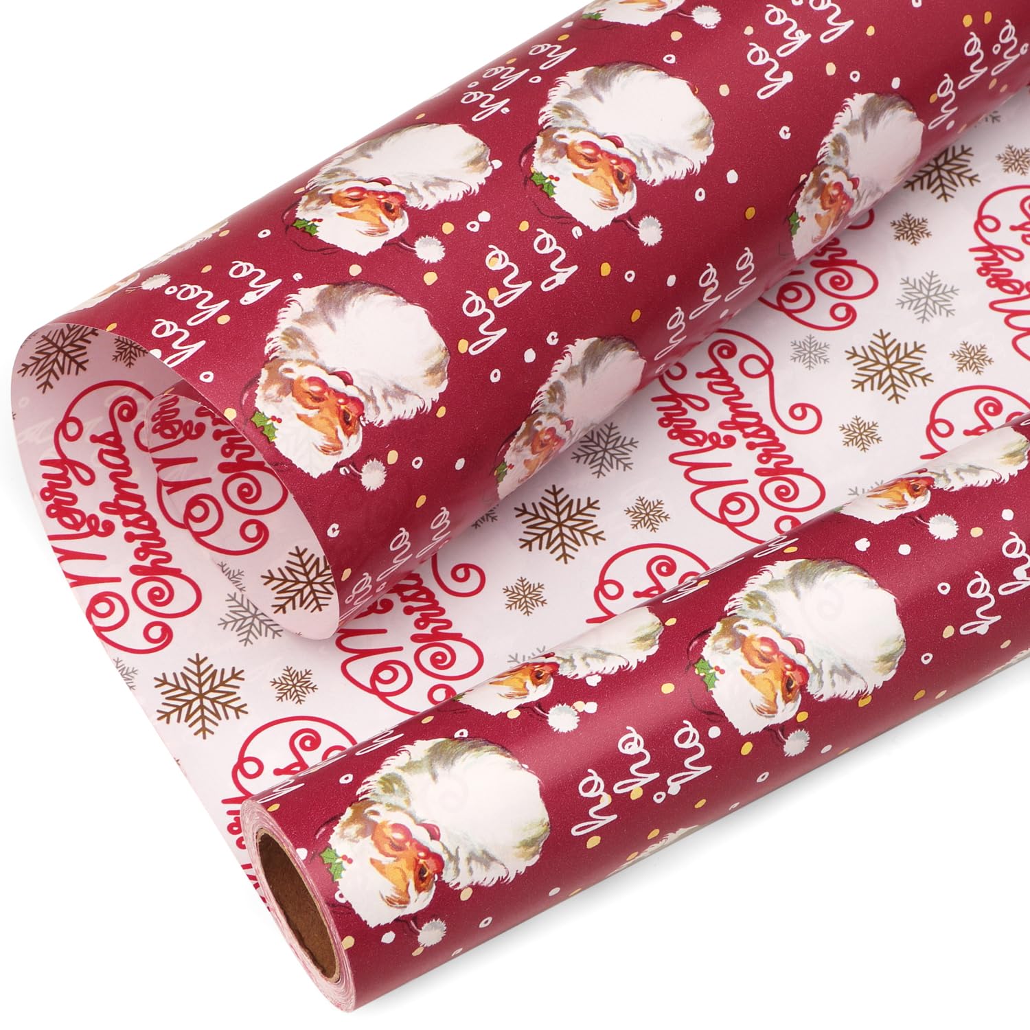 Ribbli Papel de regalo de Navidad, reversible, vintage, Papá Noel y Feliz Navidad, rollos de papel de regalo rojo y blanco, 43 cm x 90 cm