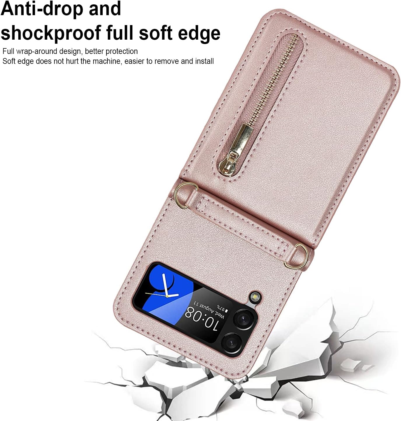 for Samsung Galaxy Z Flip 4 Crossbody Wallet Case with Card Holders Cash Slot Kickstand Wristlet Strap, Fashion Leather Handbag Flip 4 Phone Case for Women Girls (Rose Gold)