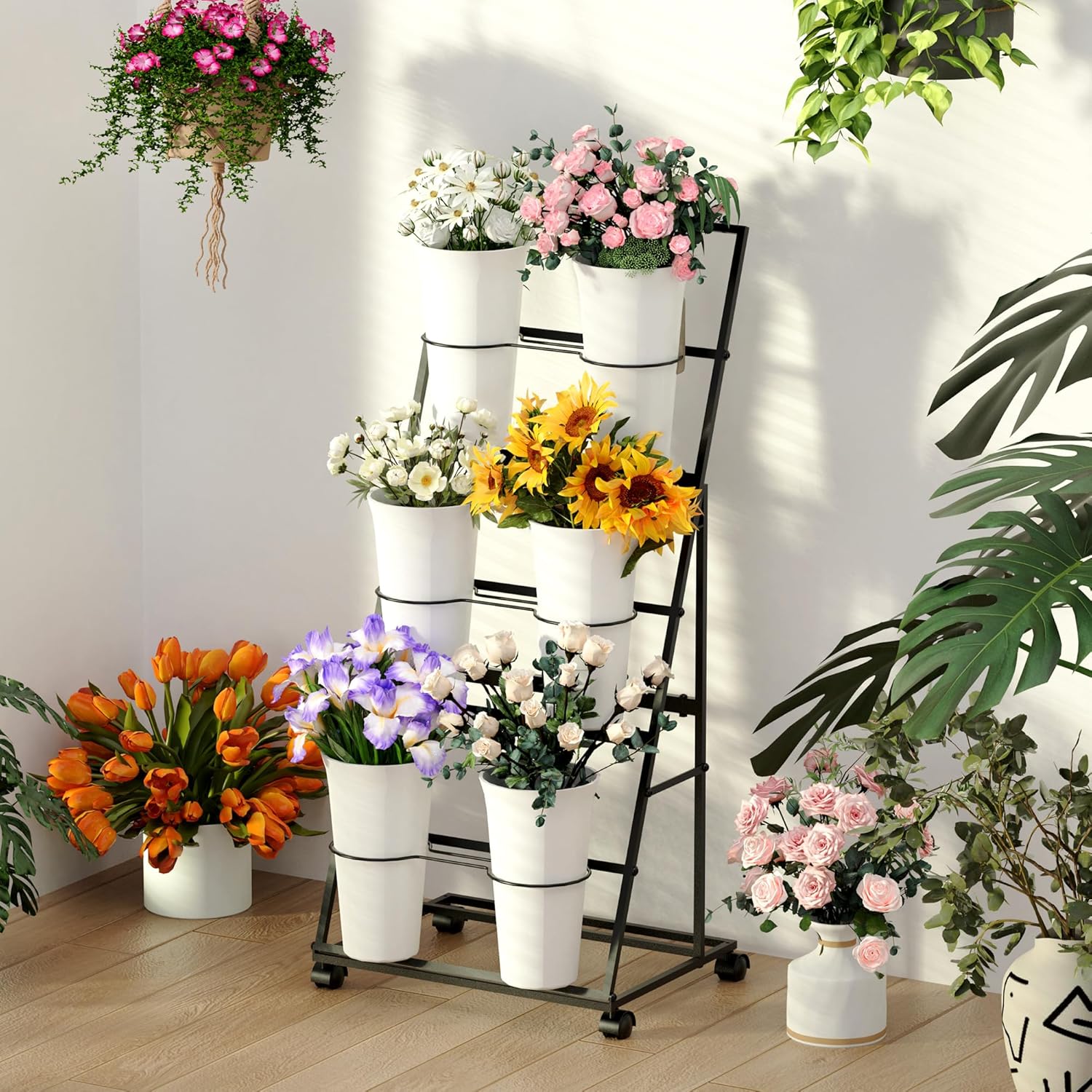 Invech Flower Display Stand with 6 Buckets and Wheels, 3 Tier Flower Cart Display Stand for Indoor Outdoor Garden, Wedding, Flower Shop (Existing Patent)