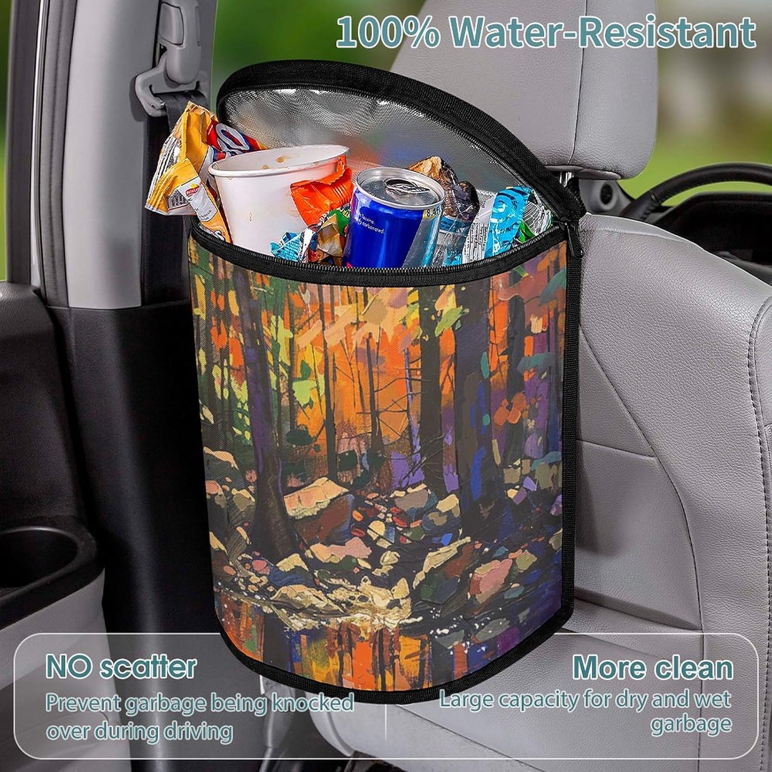 Car Trash Can Trees and Rocks Printed Car Organizer Car Accessory Interior Car Garbage Can with Lid