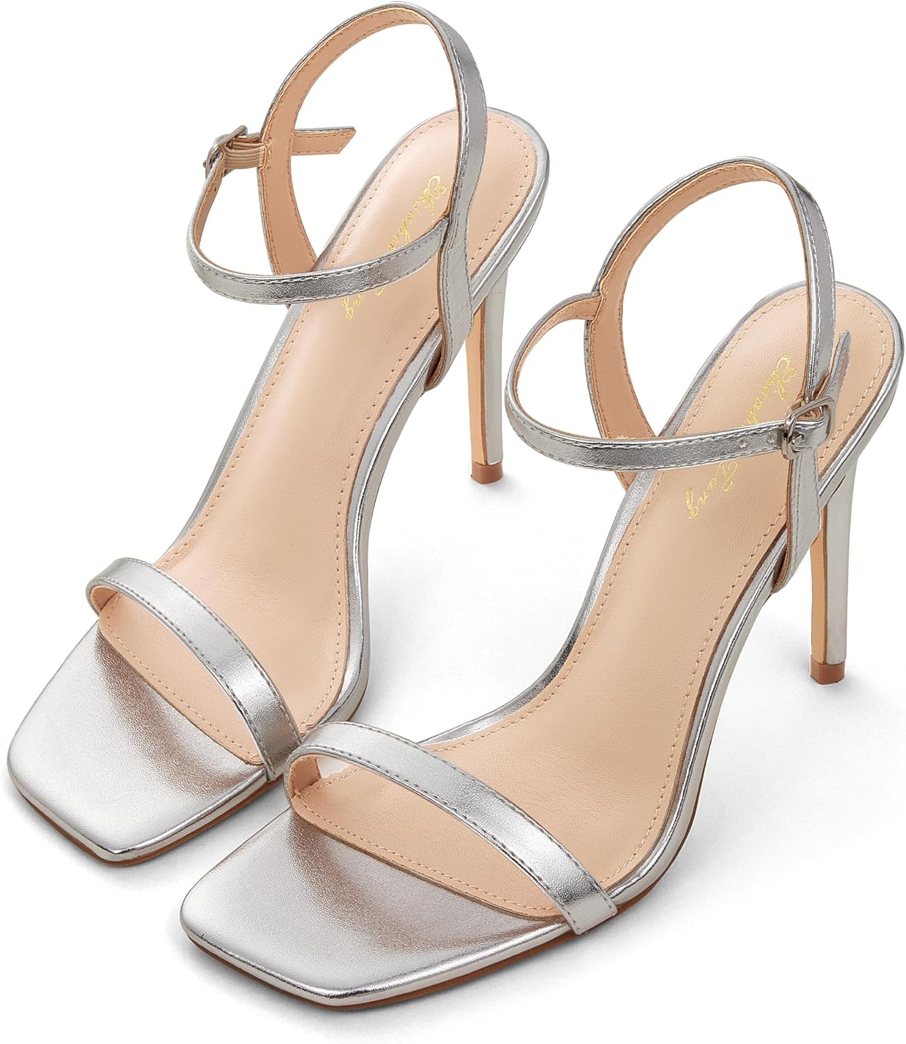 Elisabet Tang Women's High Heeled Sandals 4 Inch Strappy Sling Back Stiletto Open Square Toe Heels with Ankle Straps at Wedding Party Prom Work Dating Silver Size 7 - Image 3