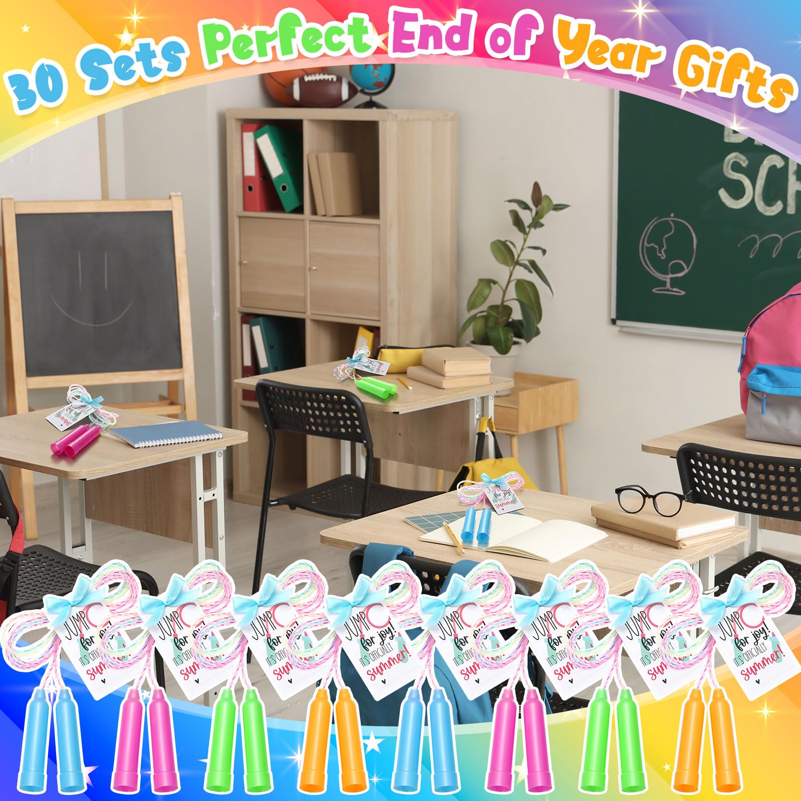 VioraWhite 30 Sets zum Jahresende inklusive 30 Regenbogen-Springseilen, 30 Geschenkkarten mit 1 Rolle blauem Band, 1,9 m, buntes verstellbares Springseil-Set für Preise, Sommerparty,