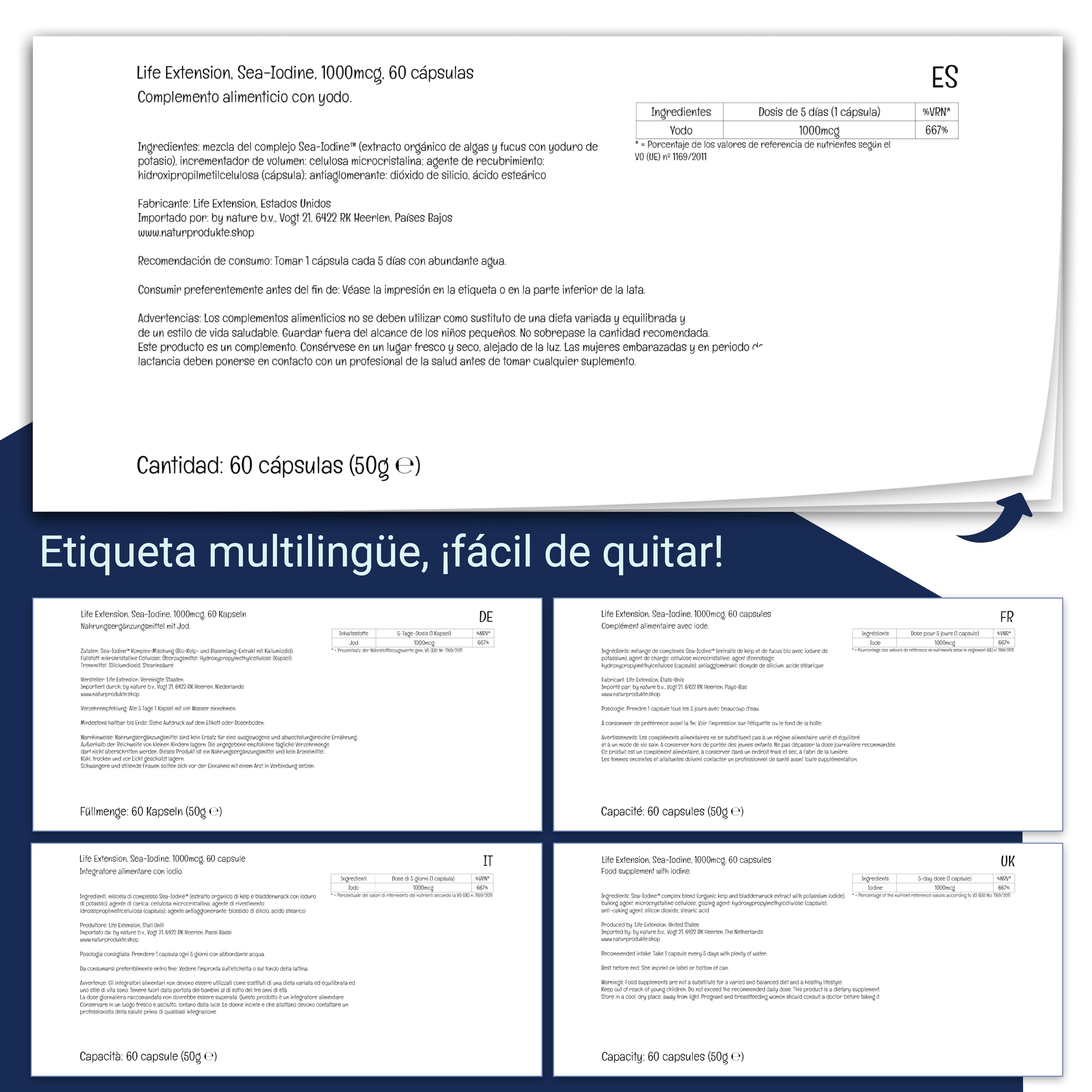 Life Extension, Sea Iodine, 1000mcg, Depot, Alta Dosis de Yodo, 60 Cápsulas veganas, Probadas en Laboratorio, Sin Gluten,Vegetarianas, Sin Soja, Sin OGM