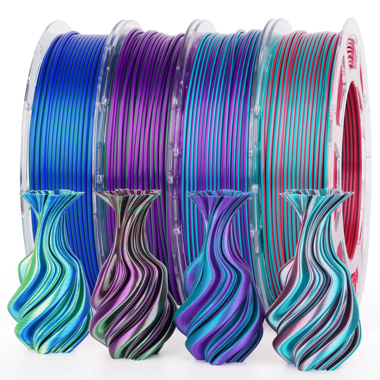 AMOLEN Silk PLA 3D Printer Filament Bundle, Shiny Dual Color PLA Filament 1.75mm Pack, PLA 3D Printing Filament, Blue Green Coral Dark Violet Purple 200g X 4 Spools