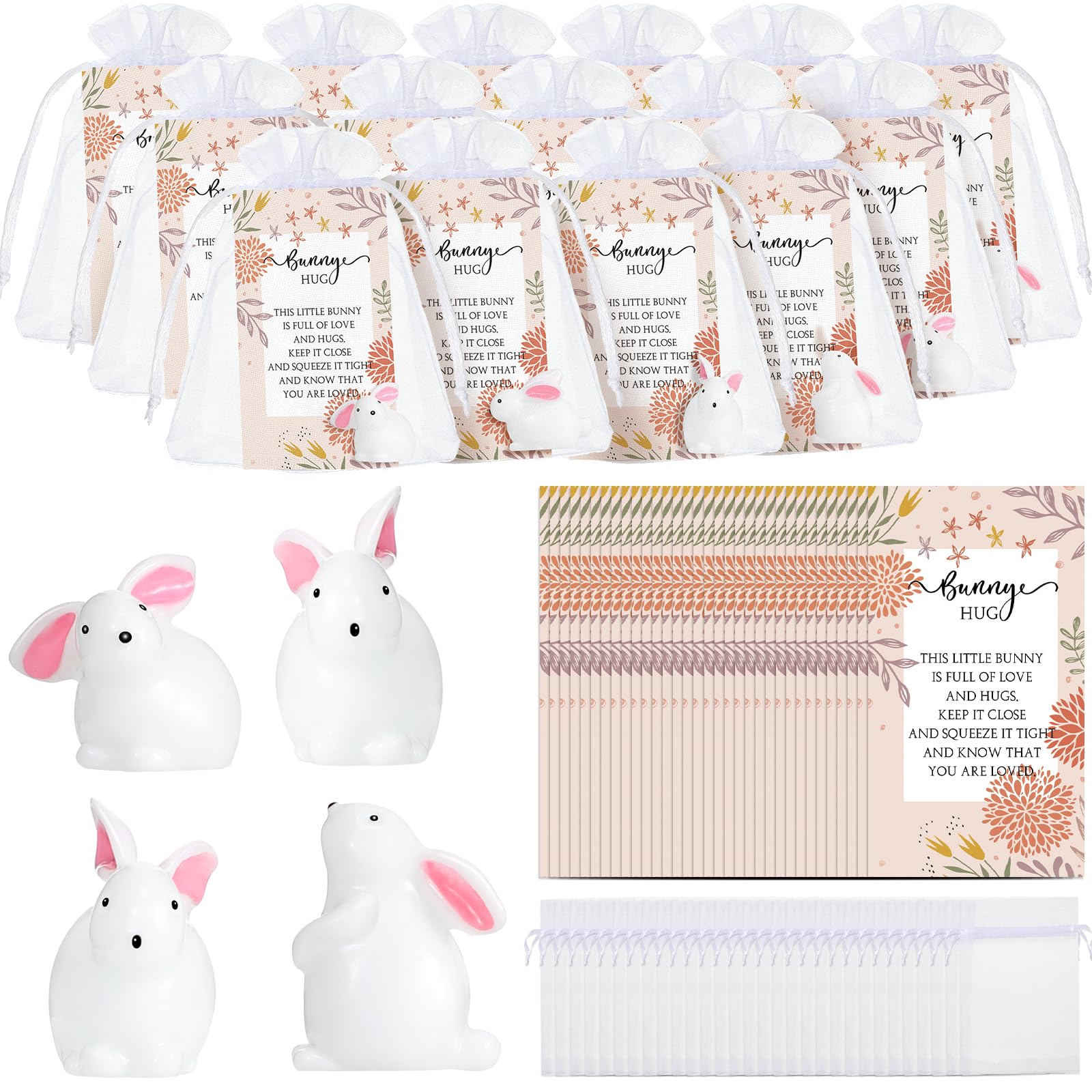 Tatuo 24 Sets Easter Mini Bunnies Mini Rabbit Figurines Wedding Supplies Cake Topper Motivational Bunny Card Gift Bags Hug Inspirational Gift for Easter Party Favors Spring Birthday Supplies