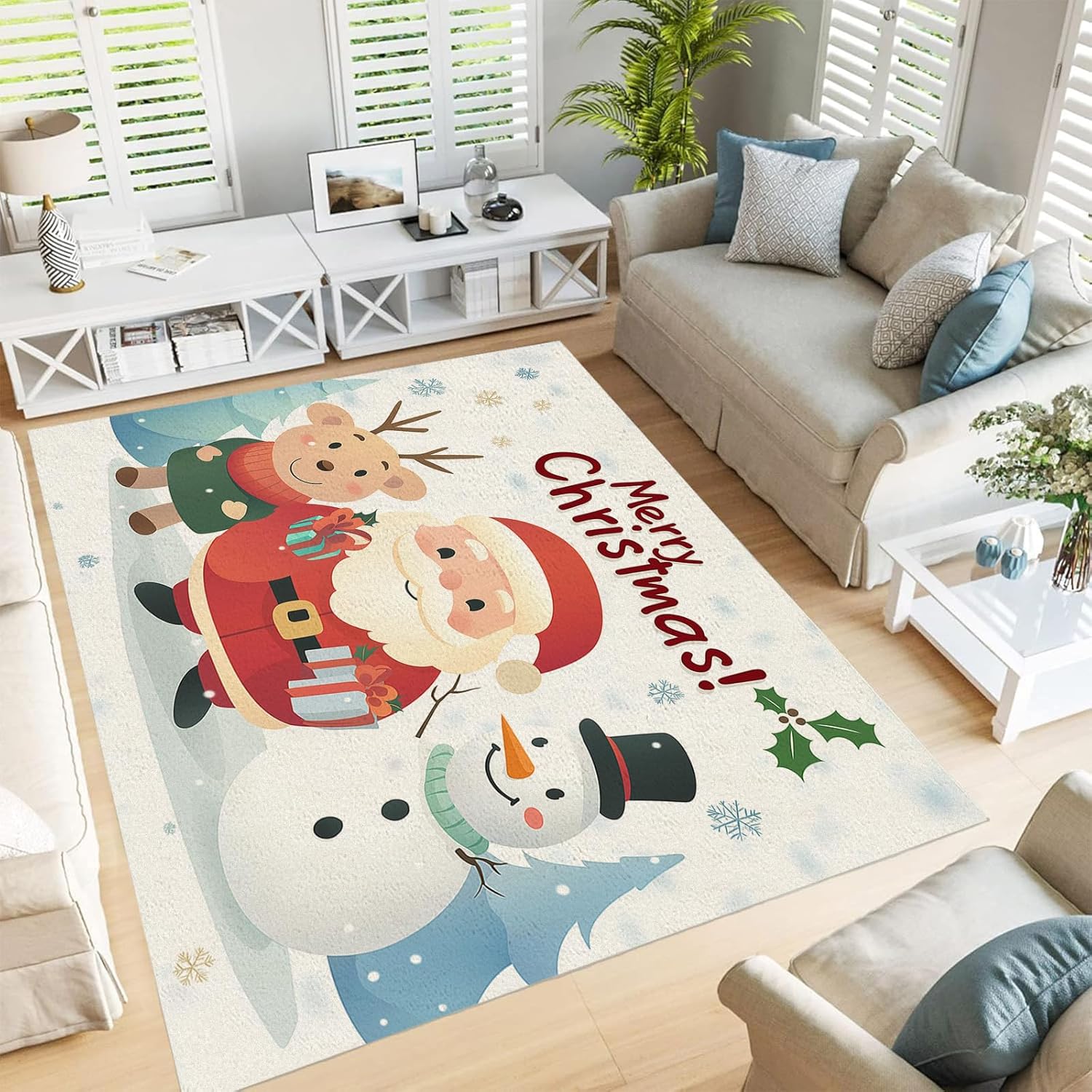 Christmas Area Rug for Living Room Bedroom, Machine Washable Rug Door Mat, Indoor Christmas Home Decor, Holiday Santa Claus Elk Print Carpet, Low Pile Non Slip Rug8ftx10ft