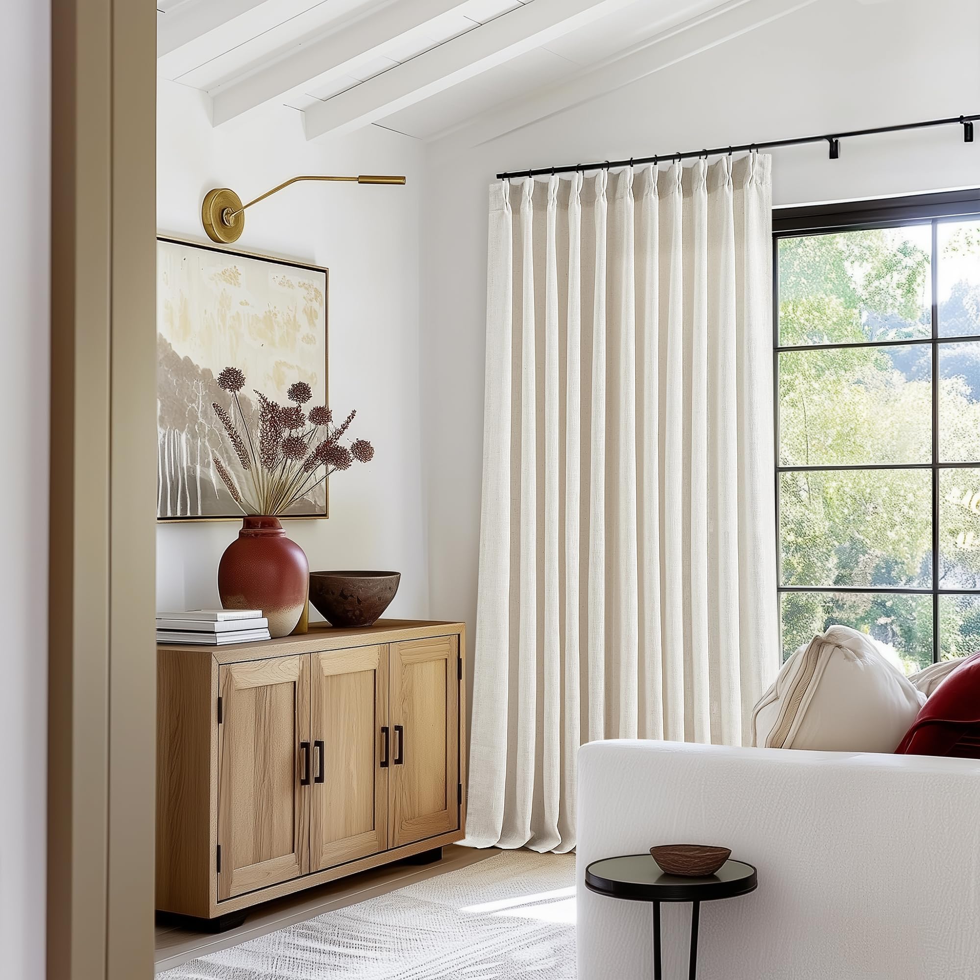 Extra Wide Pinch Pleat Linen Curtains 120 Inches Long for Living Room Sliding Glass Door 70 Inch Wide Sheer Curtain Cream Ivory Boho Pleated Drape with Hooks Rings 70x120 Large Window Curtain 1 Panel