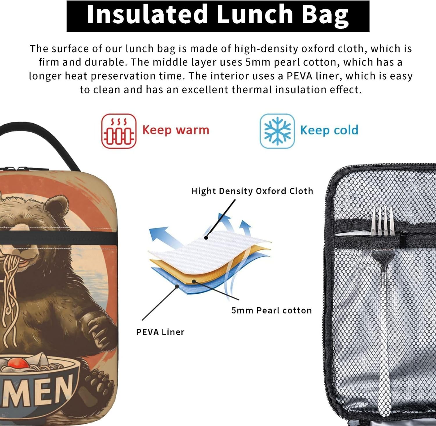 Insulated Lunch Box for Kids Boys Girls, Reusable Lunch Bag for School, Office, Picnic, Work, Travel, Bear Eat Ramen Theme Lunch Box - Image 5
