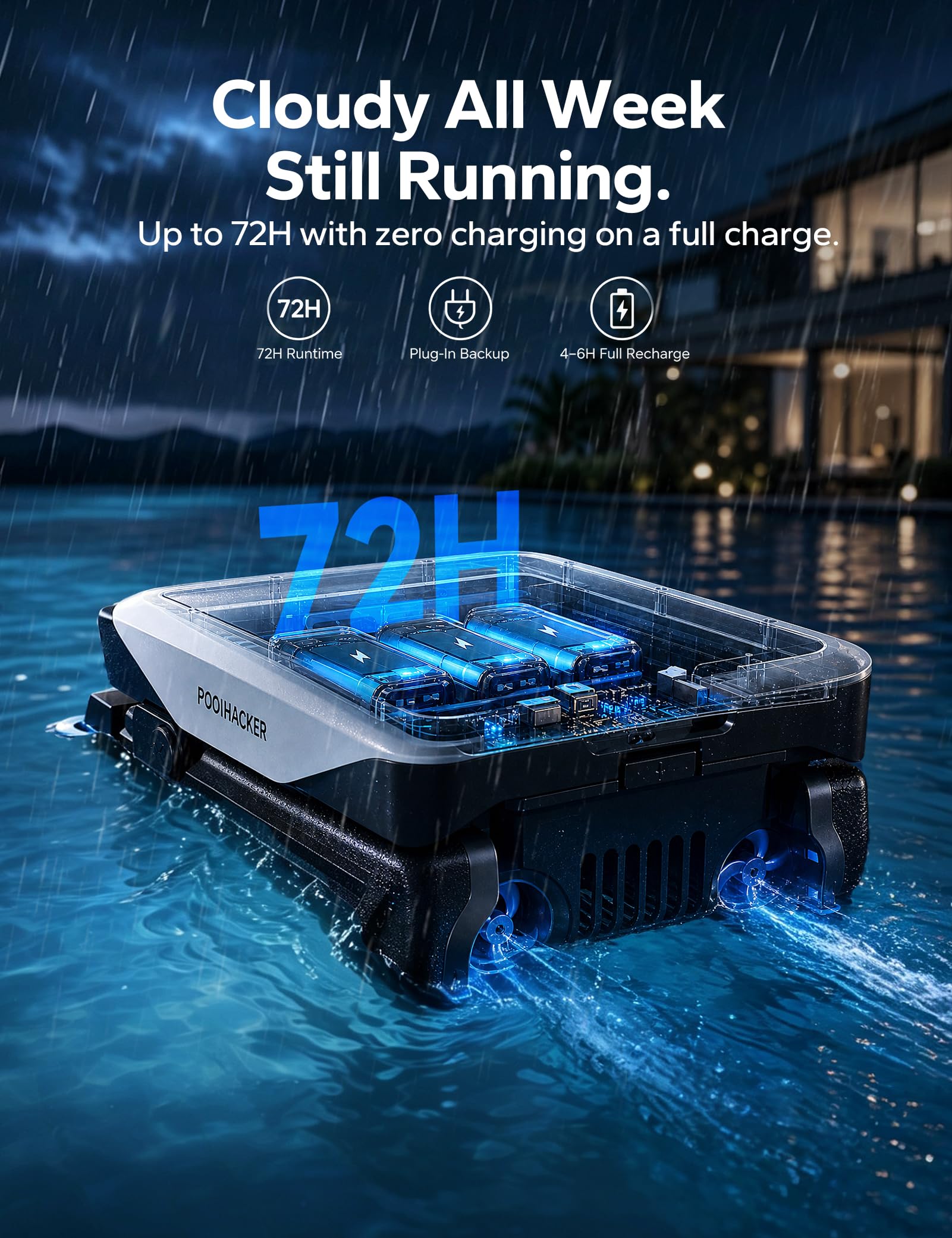 POOLHACKER Robot d'écumoire solaire de piscine, nettoyage continu 24h/24, 7j/7, double modes de charge, évitement intelligent des obstacles, panier extra large de 9 L, filtre à maille fine de 150 μm
