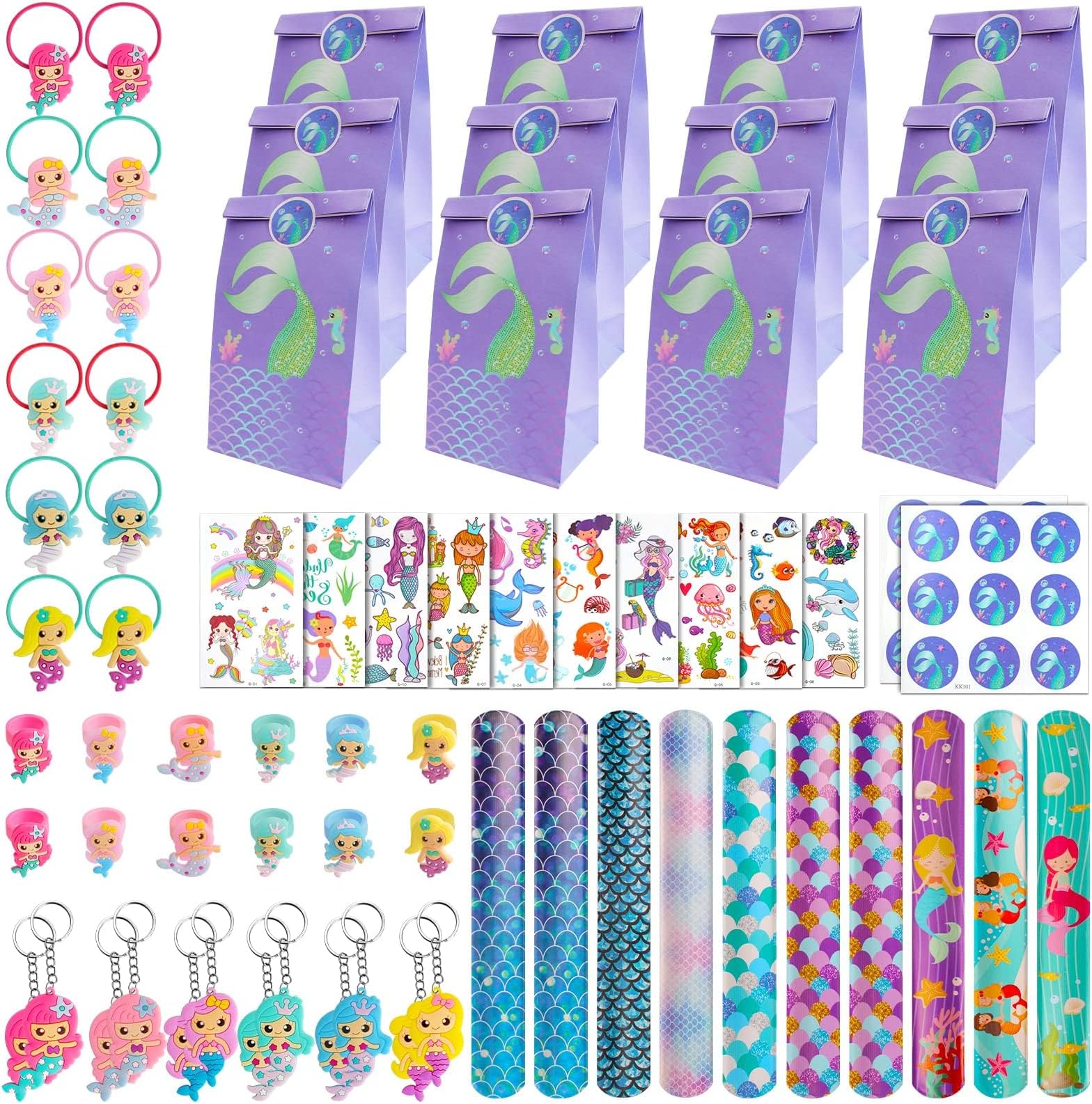 88 Pieces of Fillers Pinatas Mermaids Birthday with Slap Mermaid Bracelet and Ring and Mermaid Keychain and Hair Band, Mermaid Gift Bag