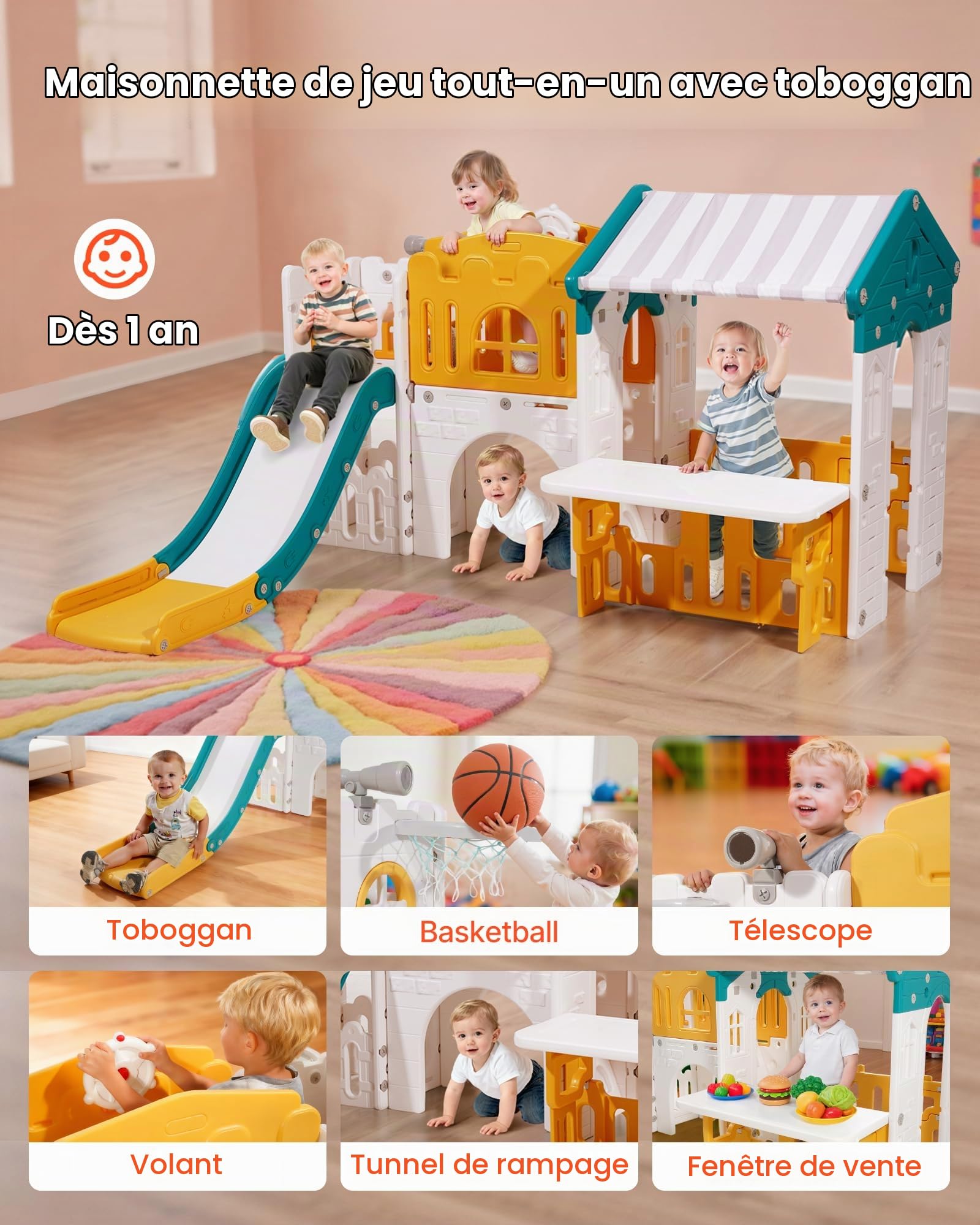 VEVOR Maisonnette pour Enfants, Maison de Jeu Extérieur pour Tout-Petits à Partir de 1 an, Cabine de Jardin pour Enfants avec Toboggan, Ballon de Basket, Télescope, Volant, Tunnel Rampant, Vitrine
