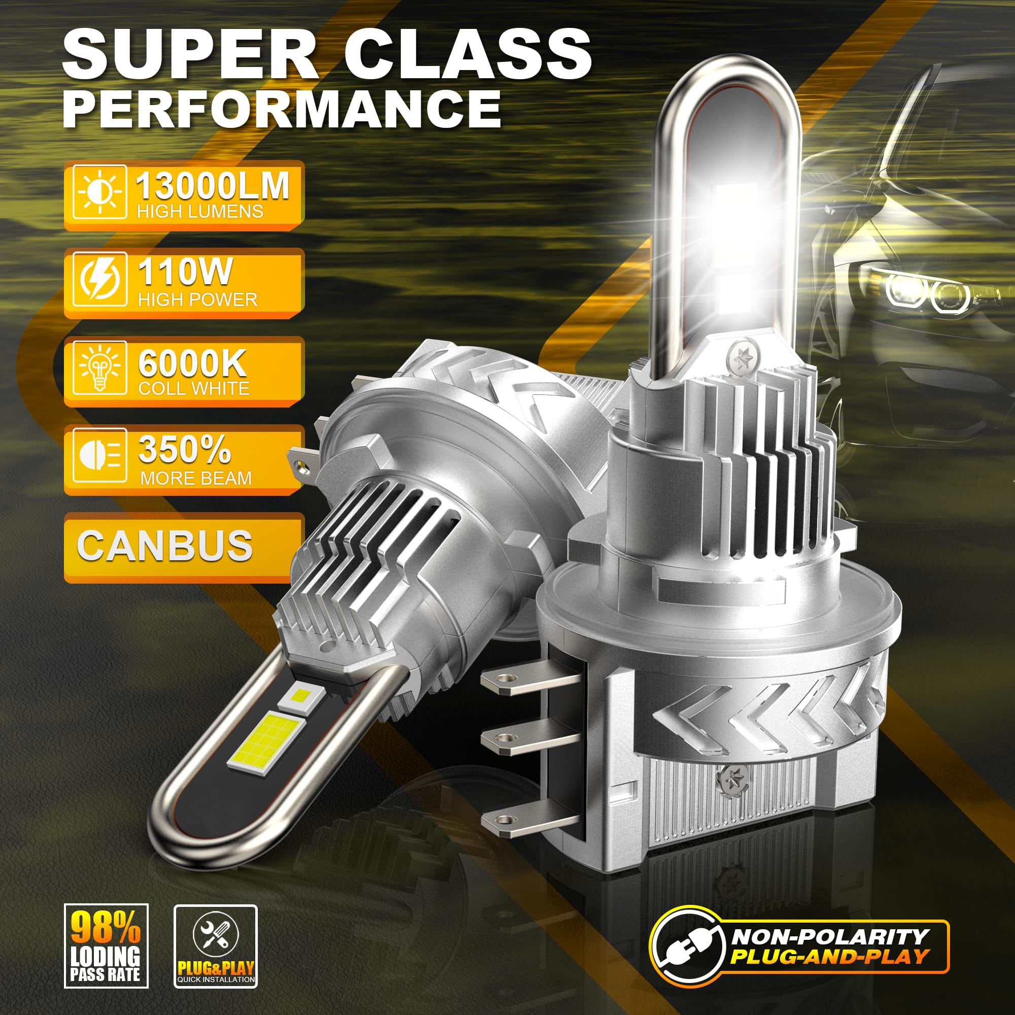 D-Lumina Lampadina H15 LED Canbus,110W 13000LM 6500K Anti-Errore Luce Abbagliante Bianca Super Luminosa e Luce di Marcia Diurna,Con Effetto di Raffreddamento Tramite Ventola
