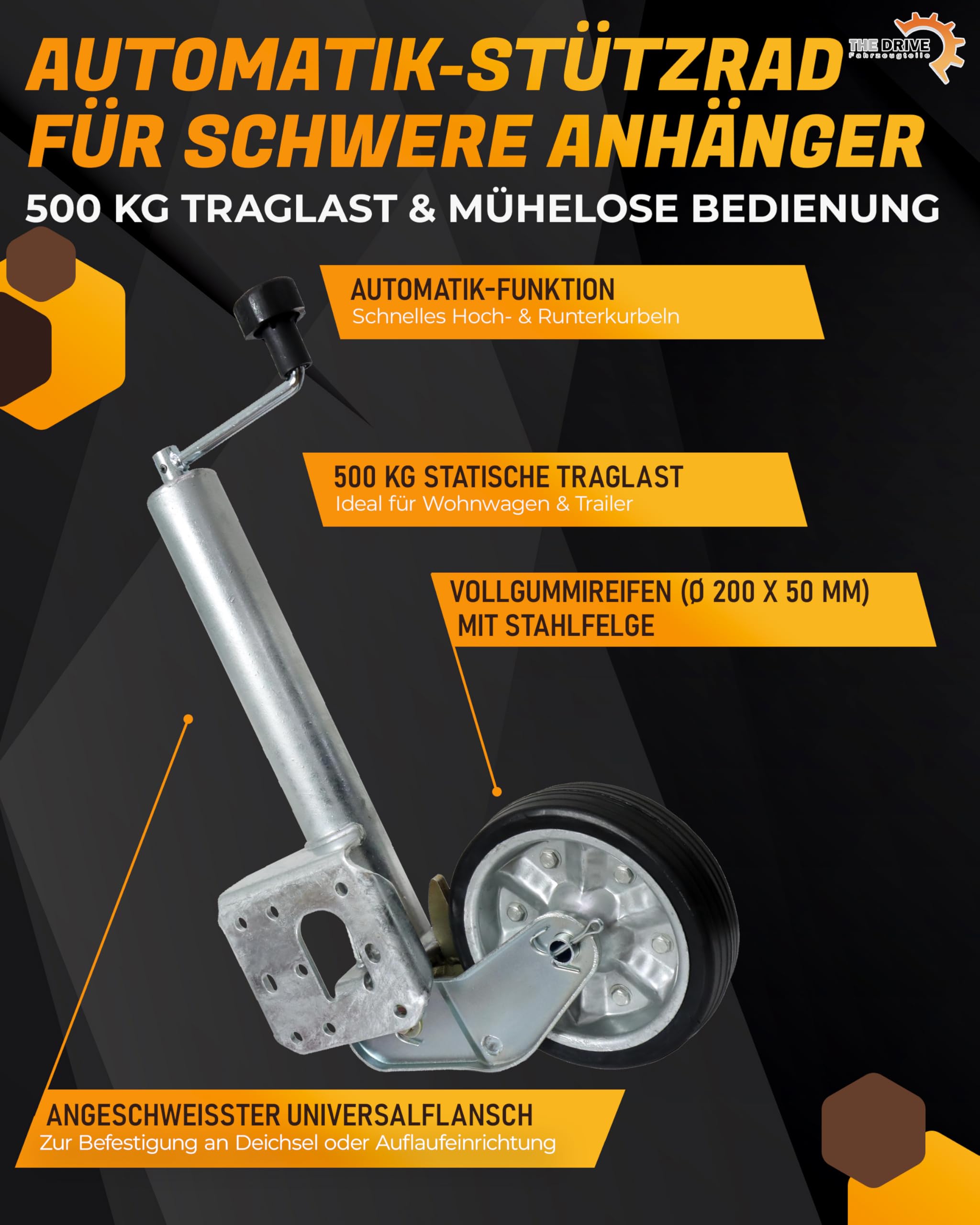 The Drive | Anhänger Stützrad 500KG | vollautomatik | Ø 60mm Rohr mit Anbauflansch | Schwerlast mit erhöhter Tragfähigkeit | perfekt für Anhänger, Wohnwagen, Trailer