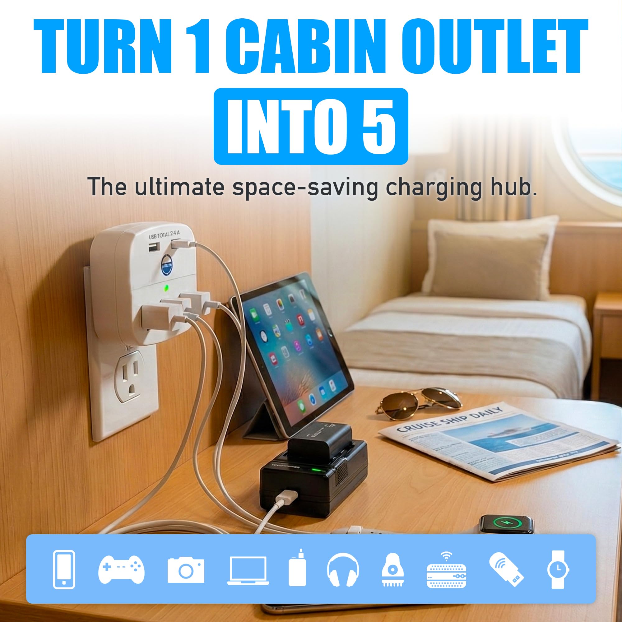 Cruise On Non Surge Cruise Approved Power Strip, Essentials [2 USB, 3 AC] — Amazon image 2