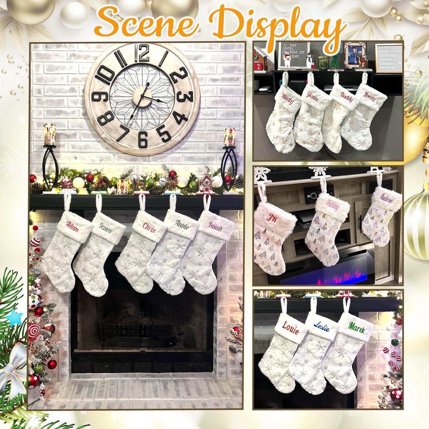 Ulico Personalized Christmas Stockings,18 Large Snowy White Faux Fur Plush Hanging CustomizeXmas Stockings with Silver Gold Sequin Snowflake for Family Holiday Xmas Party Decorations(4 Pcs)
