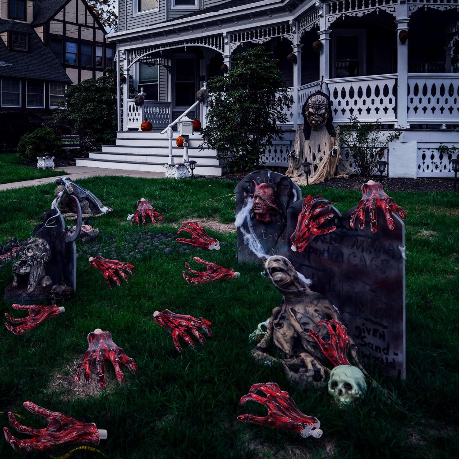 Sratte 5 Pairs Halloween Skeleton Hands Realistic Plastic Fake Hands for Halloween Props Decoration DIY Color Life Size Skeleton(Red)