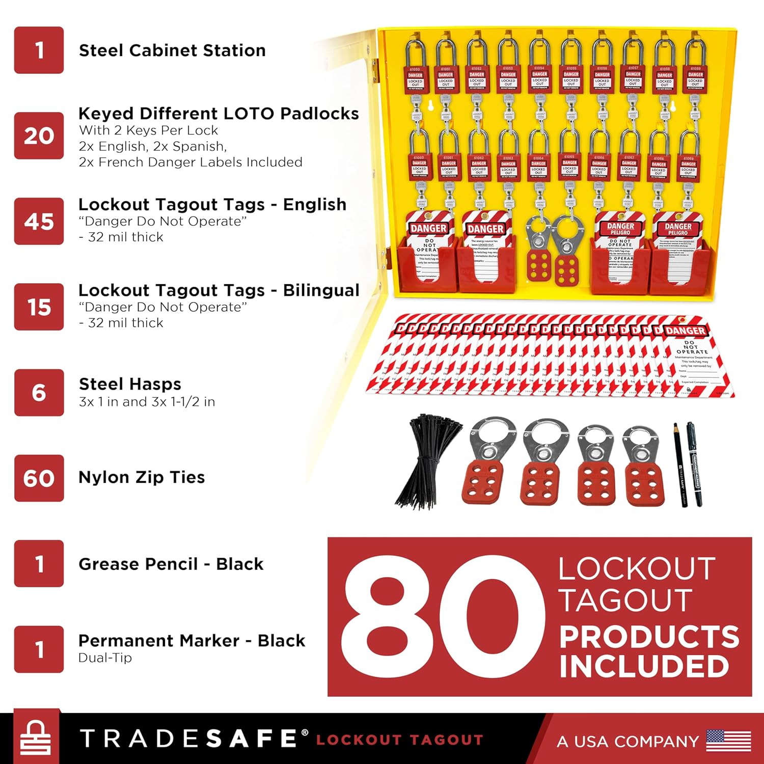 TRADESAFE Lockout Tagout Station with 20 Keyed Different Loto Locks, 6 Lockout Hasps, 60 Lock Out Tags, Lock Out Tag Out Kit Station, Lock Out Kit Cabinet 22-1/2 x 18 x 3 inches image 3