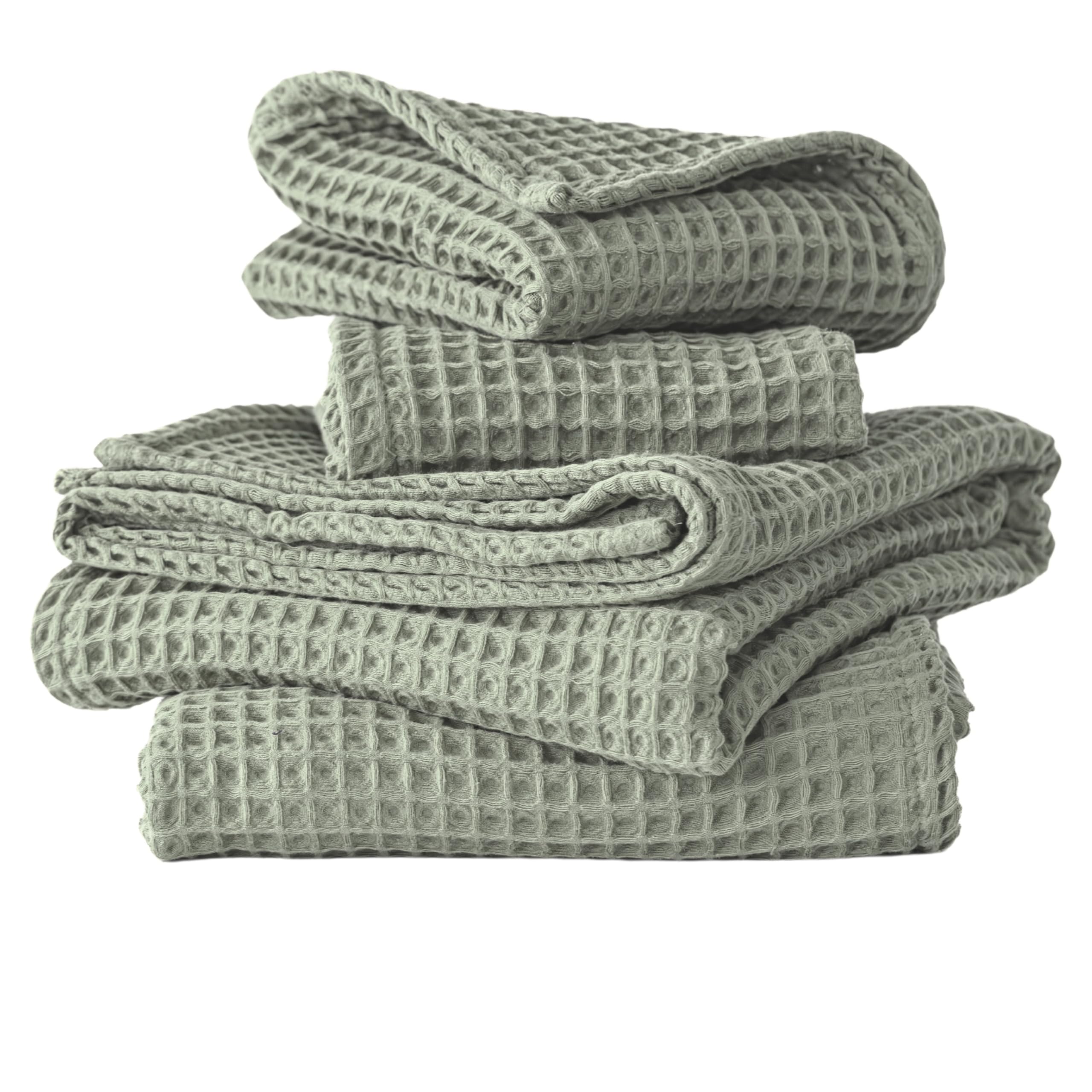Viva Maison 4-Piece Waffle Towels Set for Bathroom - Soft 100% Turkish Cotton Quick-Dry Lint-Free Waffle Weave Thin Bath and Hand Towels (Sage, 2 Bath