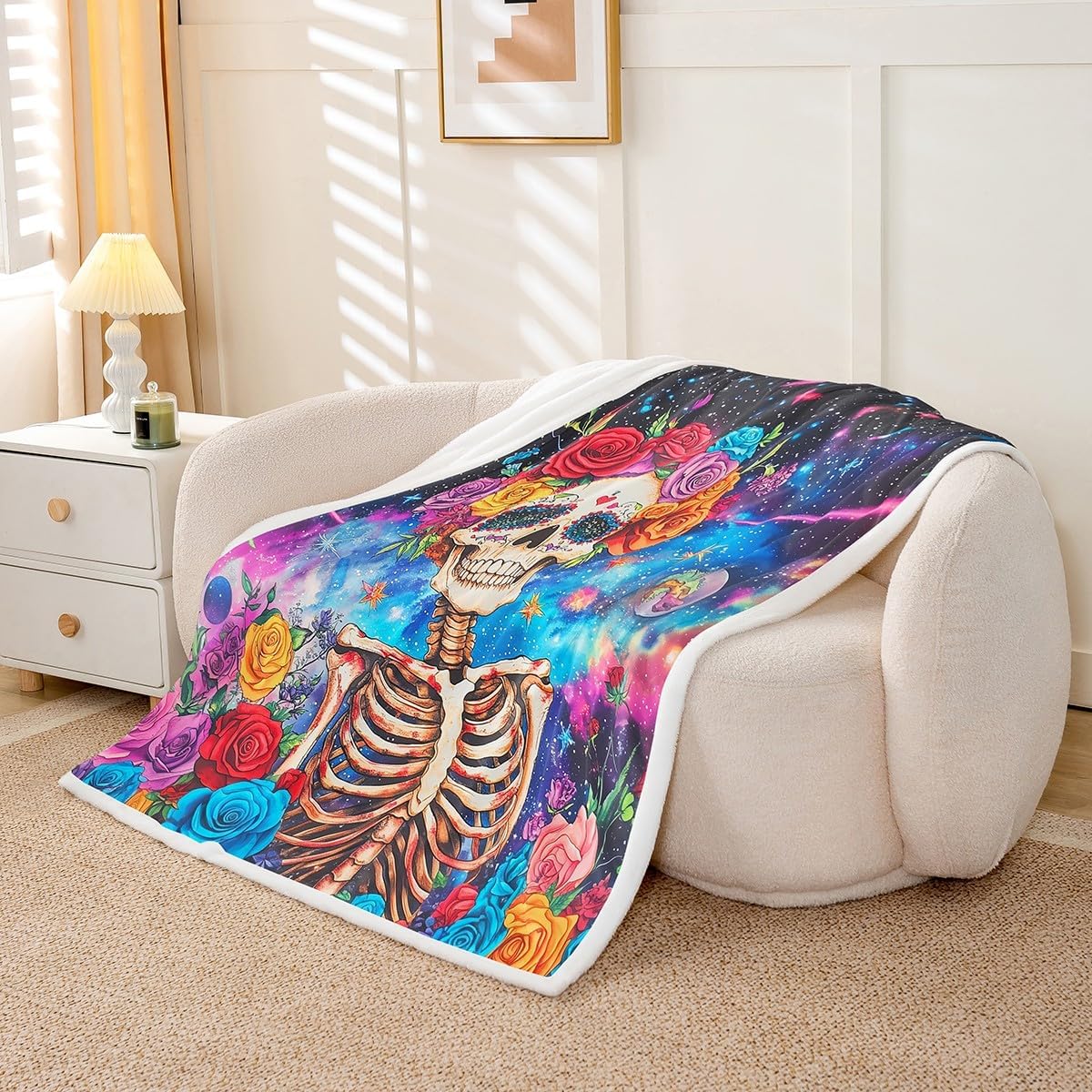 Castle Fairy Trippy Skeleton Blanket Queen 90x90 Starry Galaxy Universe Blanket for Kids Teens Boys Girls Bohemia Exotic Style Sherpa Blanket Colorful Rose Flower Bed Blanket Sofa Bed Couch Decor