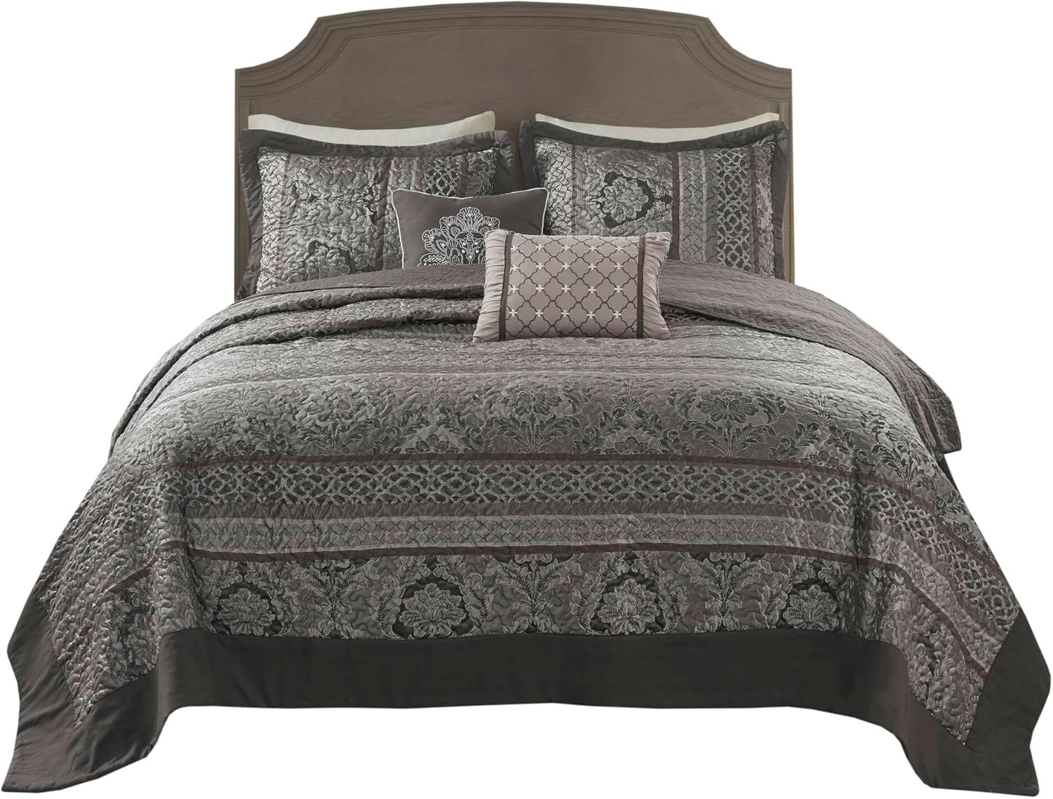 5-Piece Queen 5 Piece Reversible Jacquard Bedspread Set,Grey