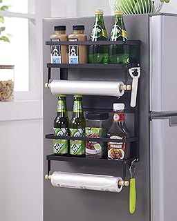 KAKIBLIN Magnetic Spice Rack, 2 Tier Refrigerator Organizer Spice Rack with Paper Towel Holder Foldable Seasoning Organize...