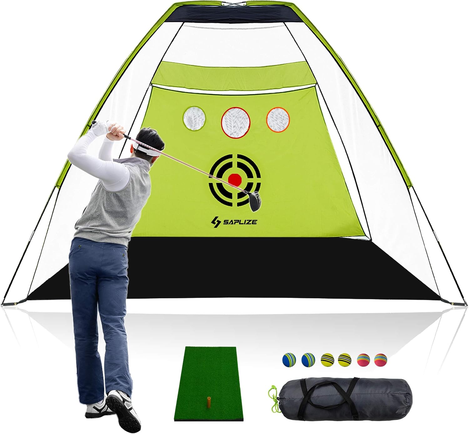 SAPLIZE Golf Net with Triple Turf Mat Bundle, Full Solution for Backyard Driving, Hitting, Chipping Training, 10 x 7 ft Enhanced High Impact Golf Practice Net for Indoor/Outdoor/Backyard