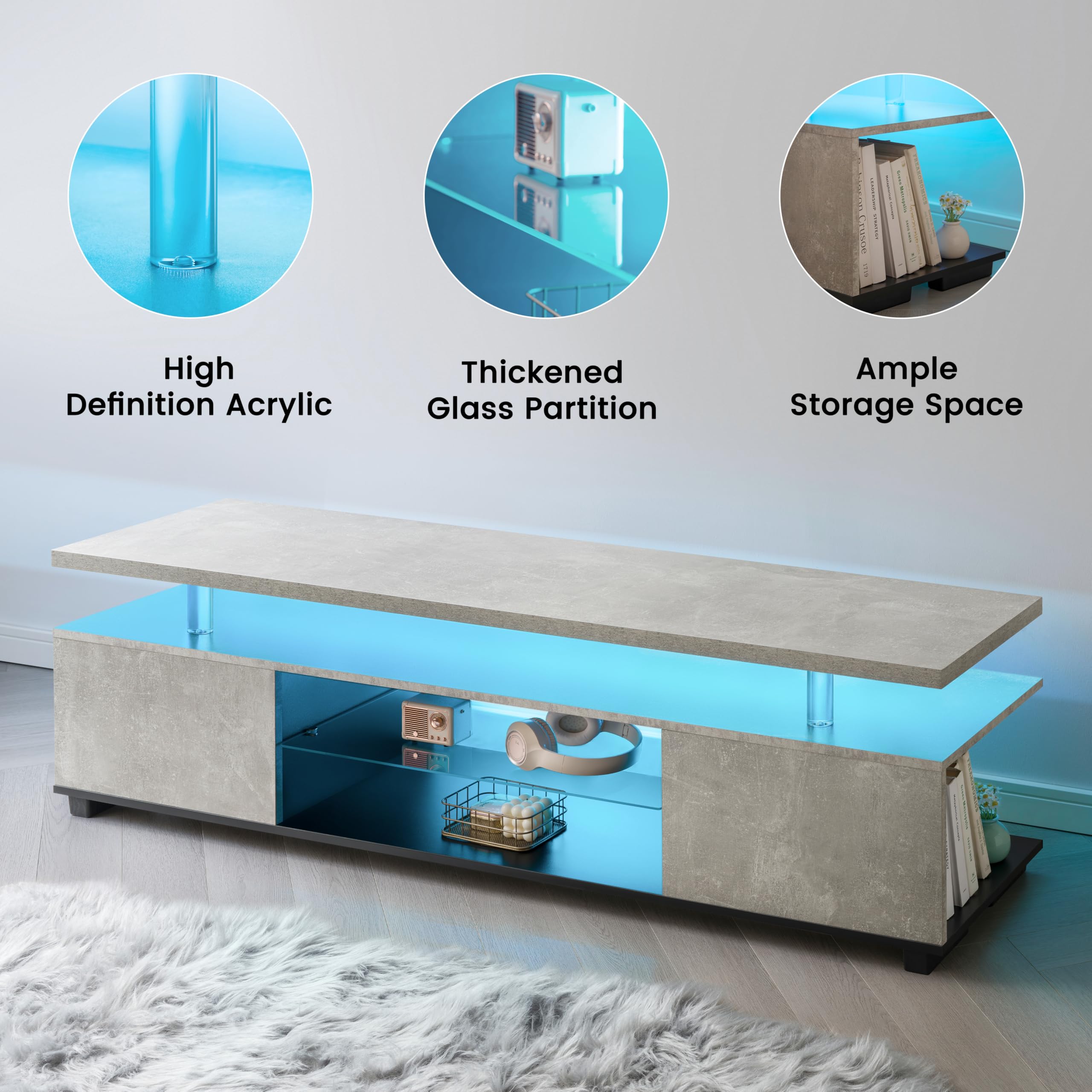 Mueble bajo para TV con LED multicolor y 3 compartimentos de almacenamiento