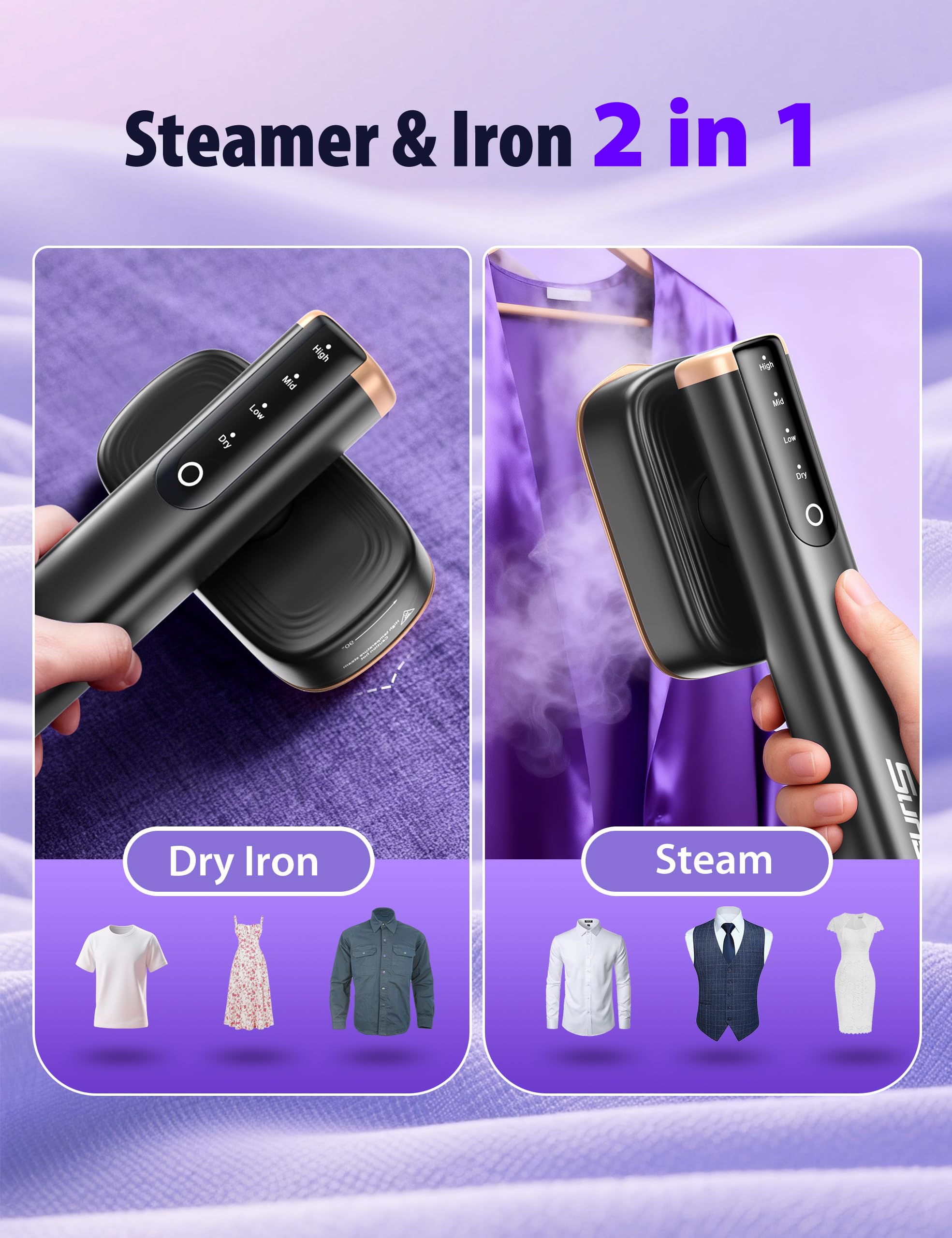 Portable Handheld Clothes Steamer - 15 Second Fast Heat Up, 90ml Tank With Heat Resistant Gloves