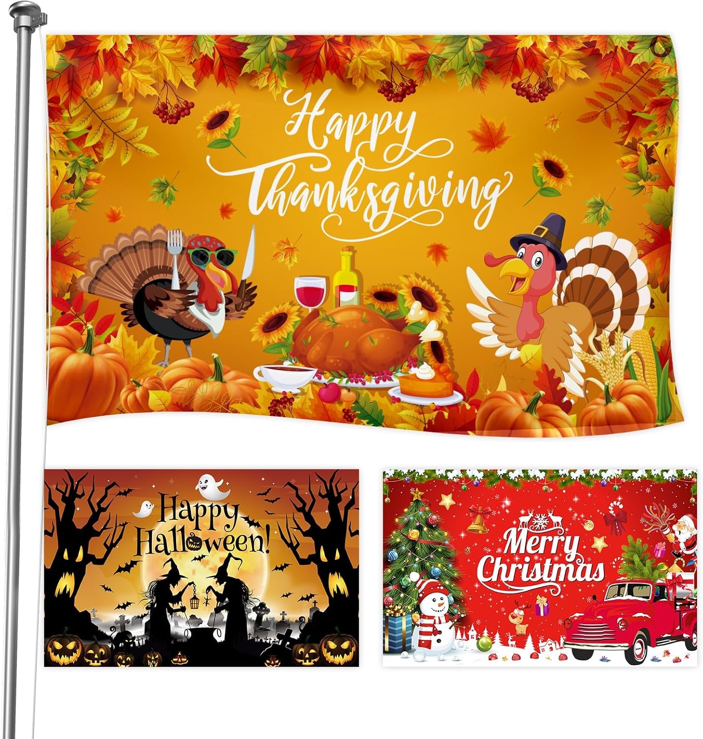 3Pcs 3 x 5 Feet Seasonal Thanksgiving Flag Double Sided Halloween Flag 3x5 Outdoor Double Sided Christmas Winter Snowman Flags Banner Seasonal Thanksgiving Xmas Holiday Party Supplies Decor