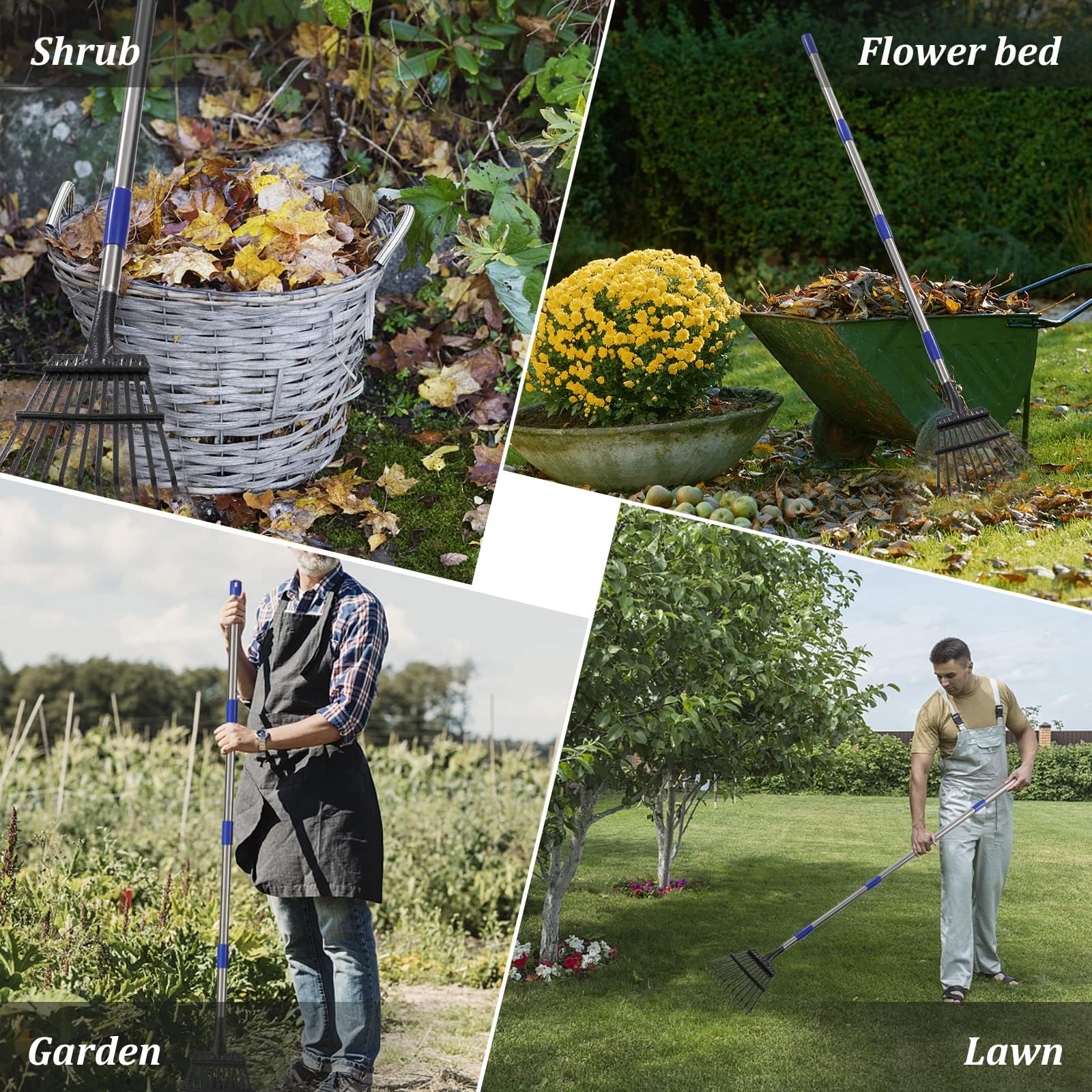 Rastrello da giardino Heavy Duty, per lavori di giardinaggio con 11 denti in metallo di larghezza 21 cm, aggiornato da 78 a 182 cm, manico lungo regolabile per livellamento Yard Cleanup Lawns, argento