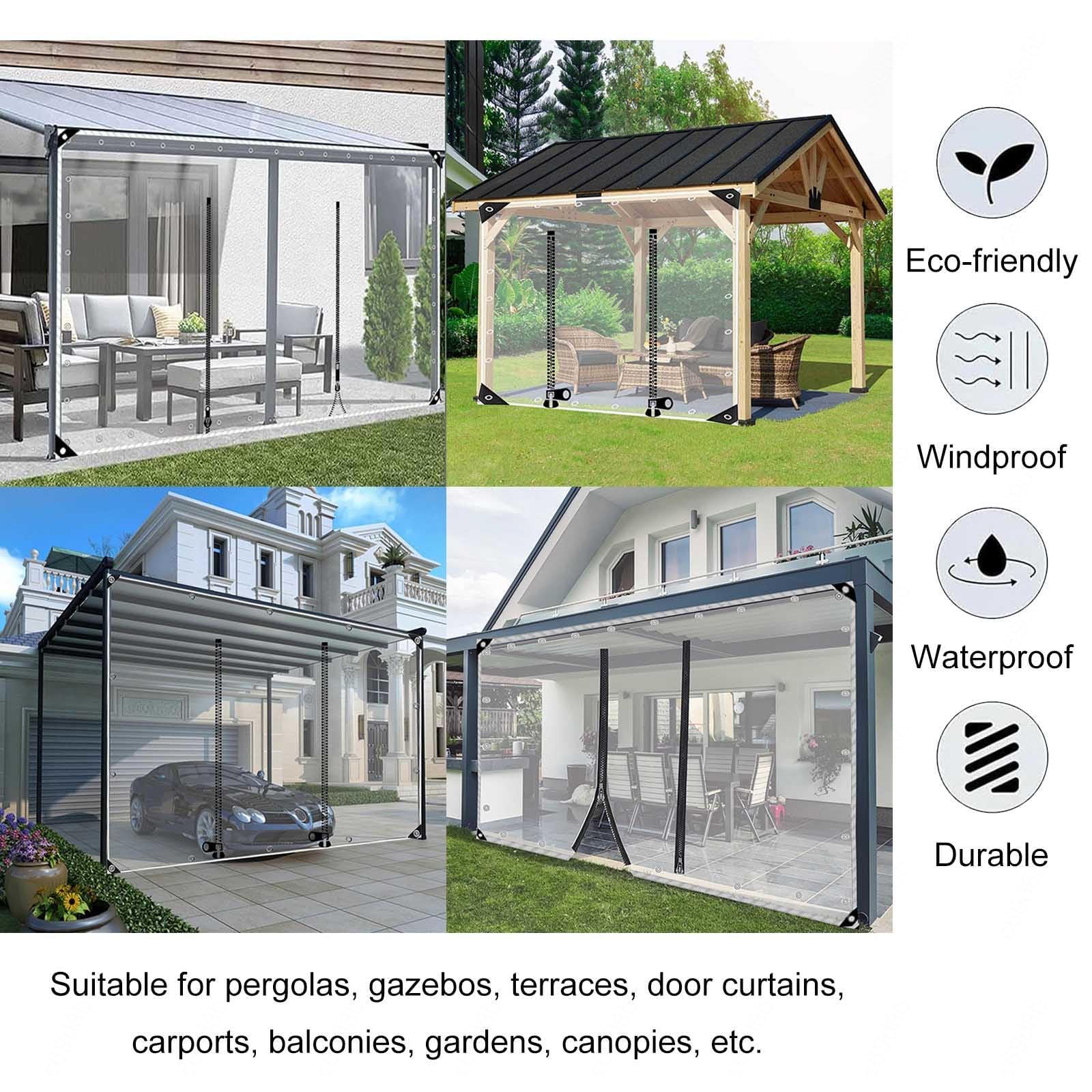 Transparente PVC Plane Seitenteil Mit Reissverschluss Tür,Outdoor Durchsichtige Plane Vorhänge,Pergola Terrasse Veranda Carport Pavillon wasserdichte Abdeckplanen Mit Ösen,L×H-2.3 * 2.5m(7.5 * 8.2ft)