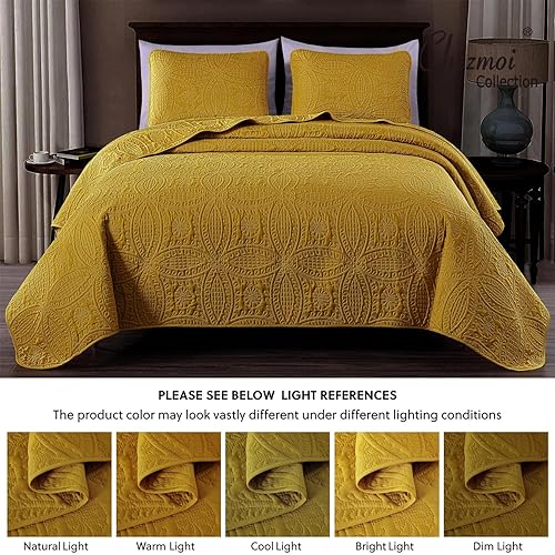 Miniatura 5 de Chezmoi Collection Austin - Juego de colcha tamaño King de 3 piezas Pinsonic acolchada de gran tamaño, tamaño King, mostaza