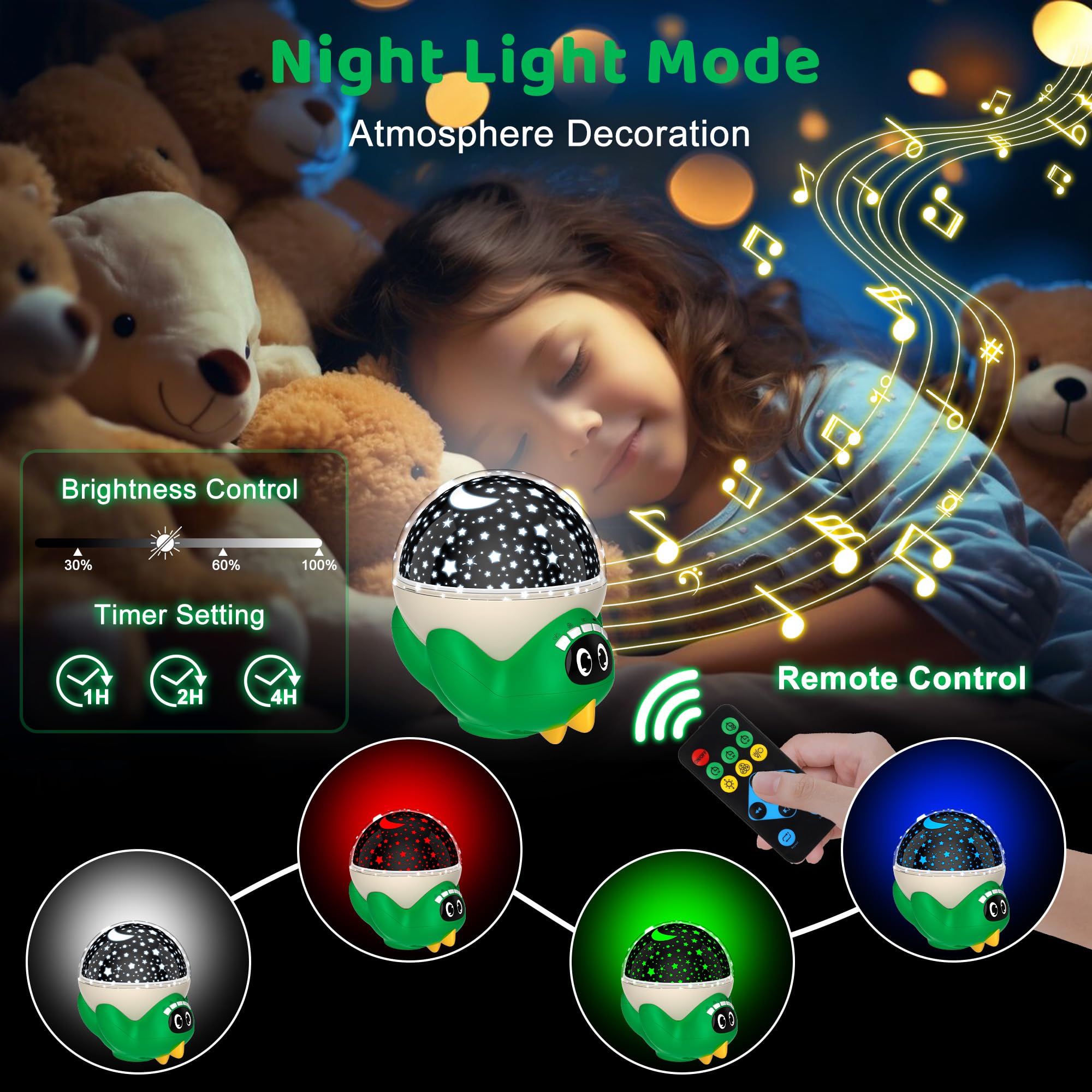 Proyector de luz nocturna de dinosaurio para habitación de niños, lámpara de dinosaurio con 10 música relajante y temporizador, control remoto, efecto de proyección colorido, alto brillo, regalos de