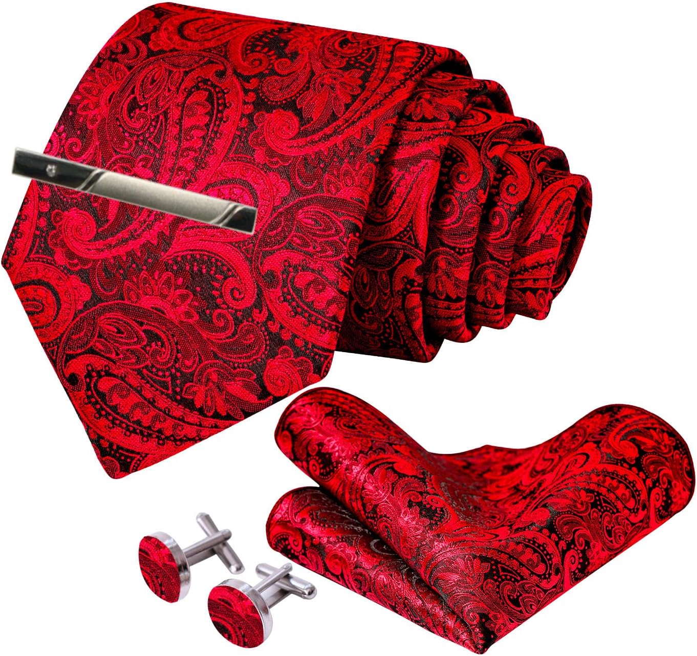 Mens Silk Tie and Pocket Square Cufflinks Clip Set, Designer Woven Necktie Set for Wedding Business Prom - Image 5