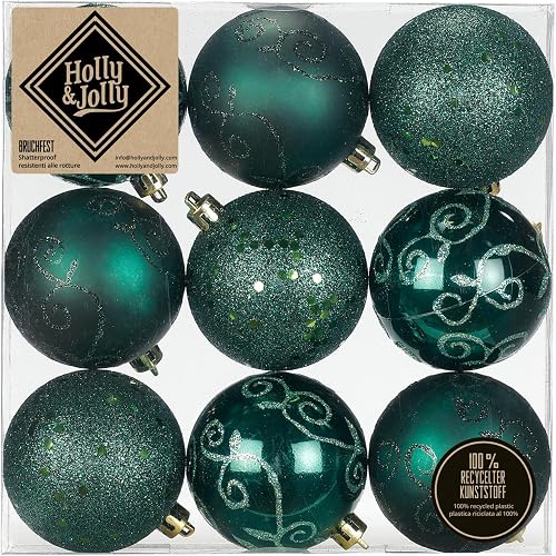 Holly & Jolly - Bolas de Navidad Decoradas Noble Green, 9 Unidades