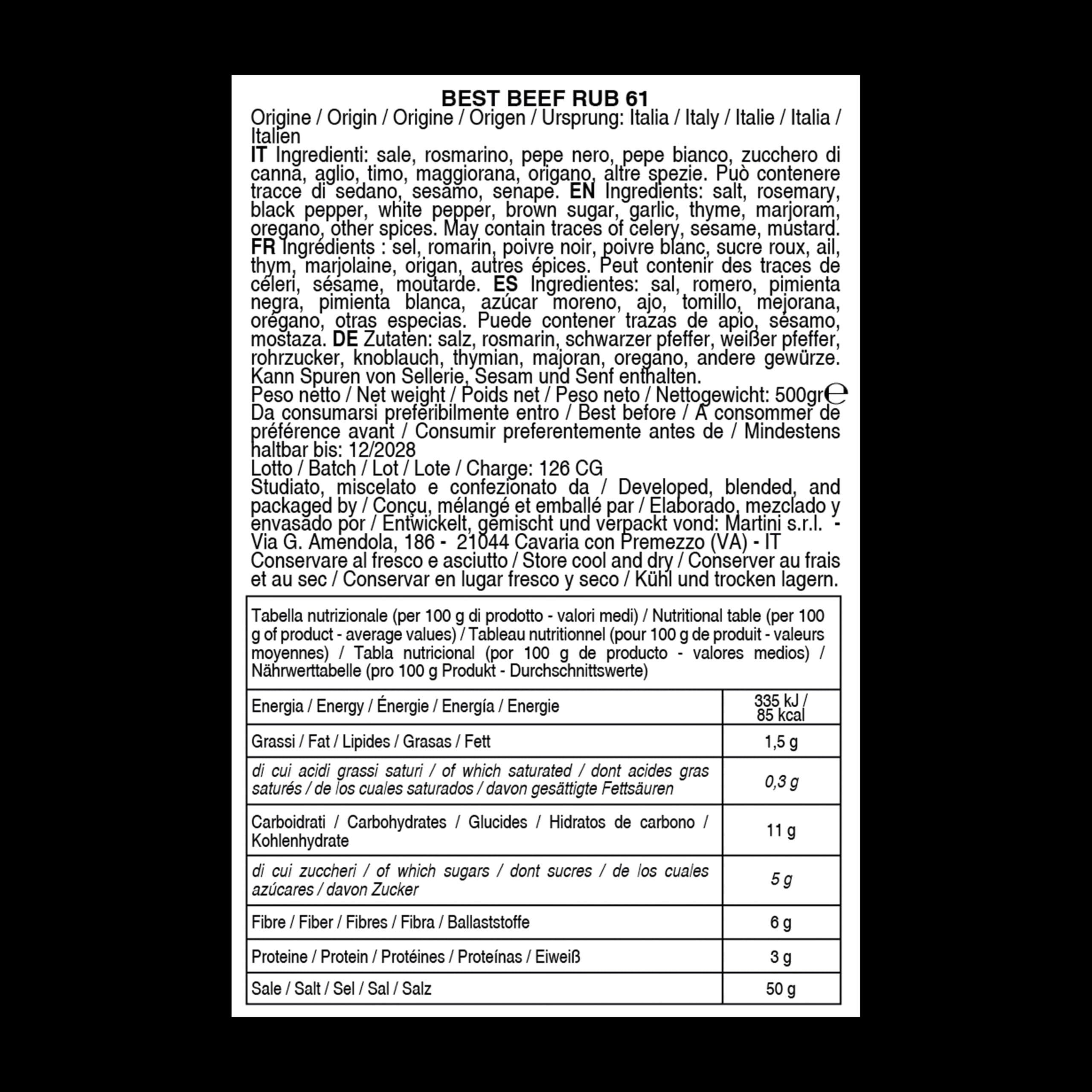 BBQ Best Beef Rub 61 Bembo – 500 g - Mix Spezie per Manzo Arrosto e Roast Beef – Rub Barbecue per Marinatura a Secco – Ideale per Forno, Griglia e BBQ - Made in Italy