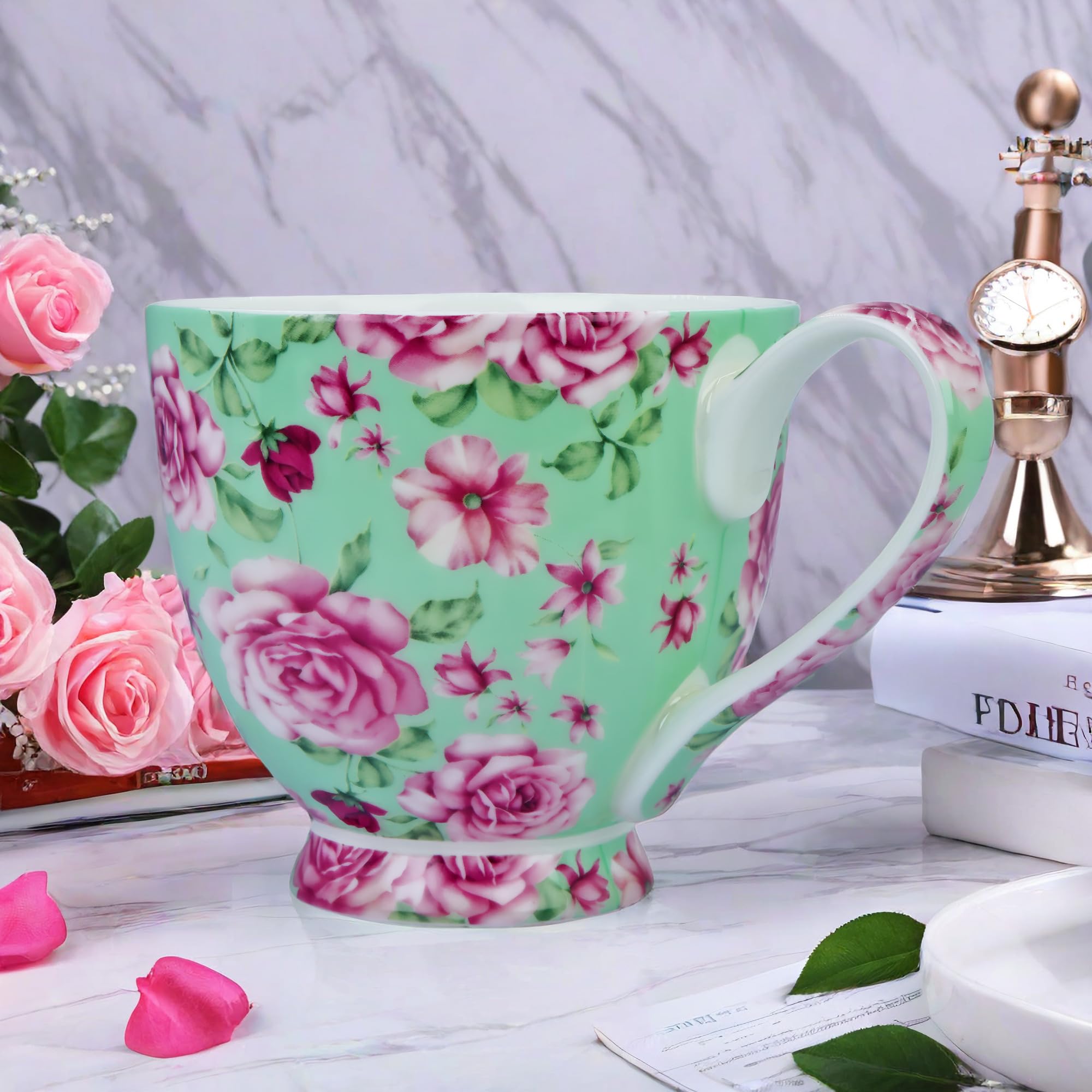 Tazas de café de porcelana de hueso de 16 onzas para mujer, tazas de café y té, tazas de café novedosas, regalo para mujeres, mamá, amigas (rosa verde)