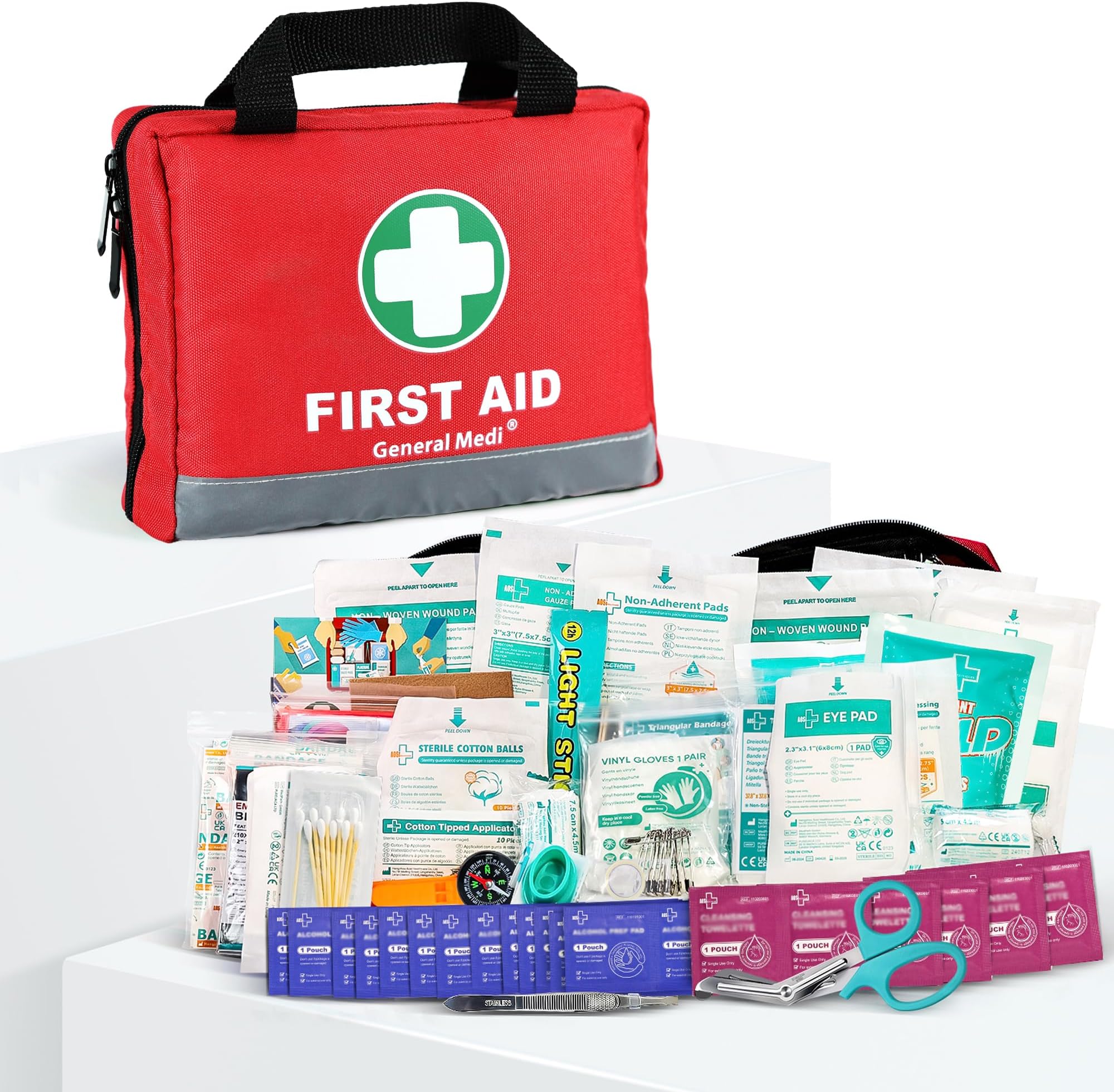 General Medi First Aid Kit -309 Pieces- Reflective Bag Design - Including Bandages, Moleskin Pad and Emergency Blanket for Travel, Home, Office, Car, Camping, Workplace