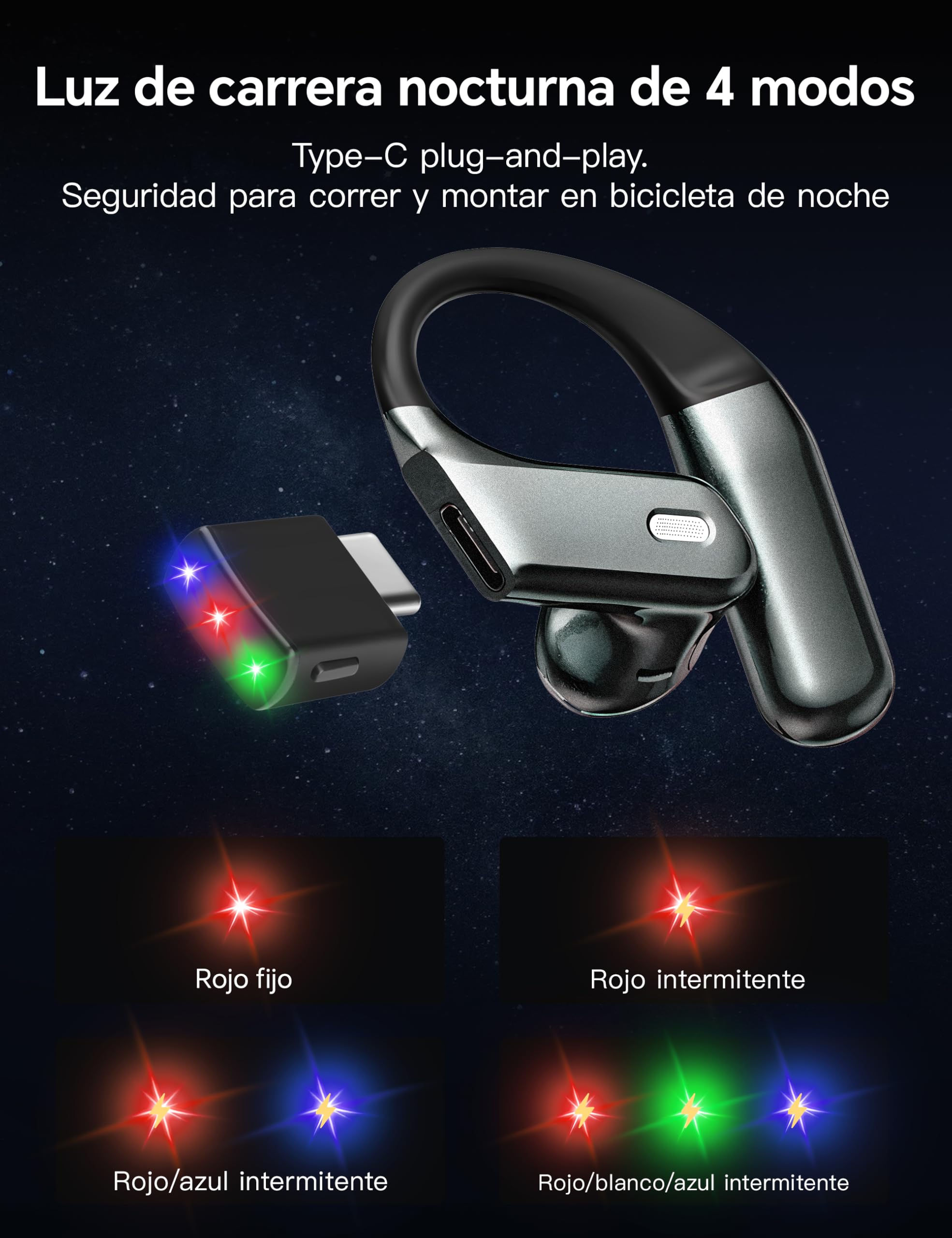 LESUN Auriculares Inalambricos Deportivos 2 en 1 Intraurales y Abiertos con Luz de Advertencia
