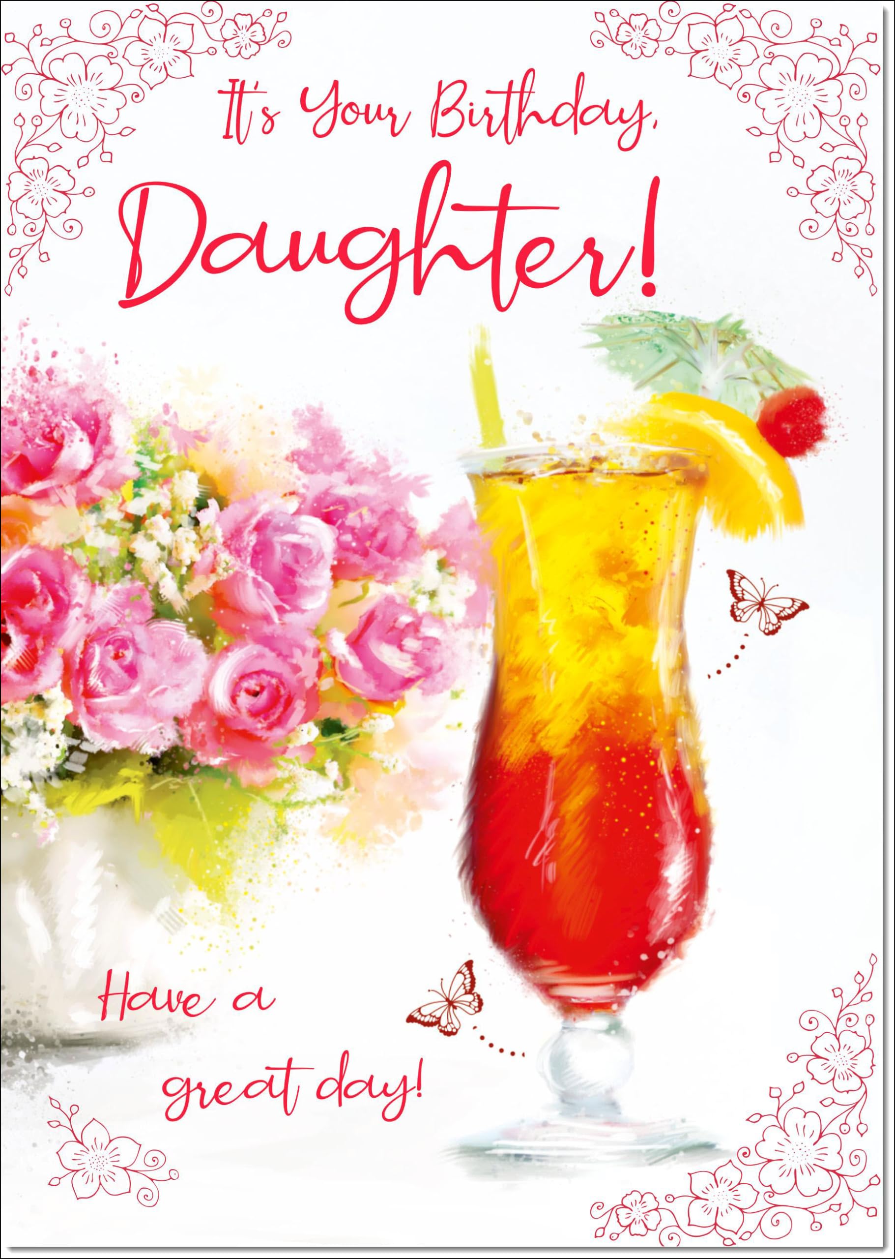 doodlecards Daughter Birthday Card Floral Cocktail Large A4 Size with Plain Envelope