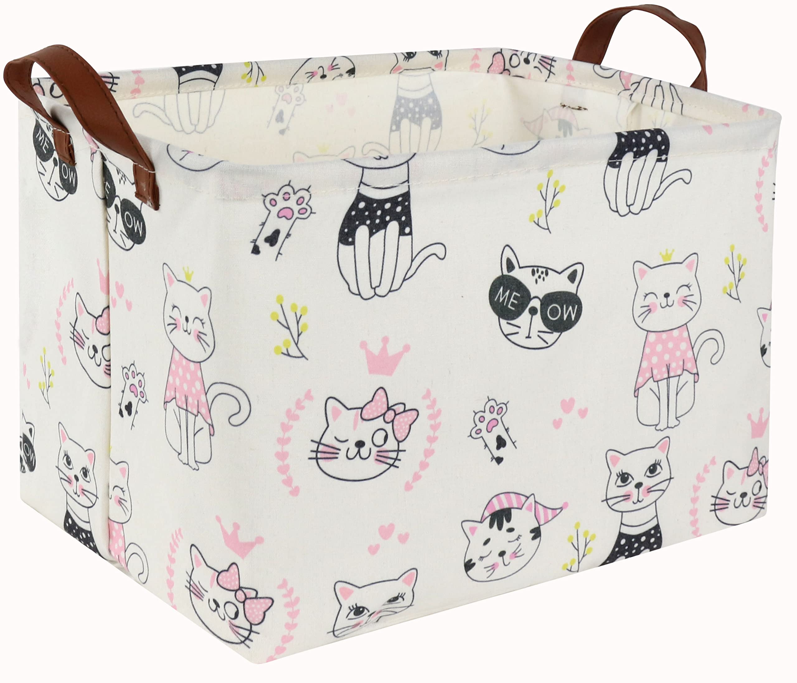 Sanjiaofen Rectangular Pink Cat Baskets,Kids Baskets Cute Storage Bins, Waterproof PE Coating Girls Baskets with Handles,Toys Box,Books Bins,Gifts Baskets. (Cat)