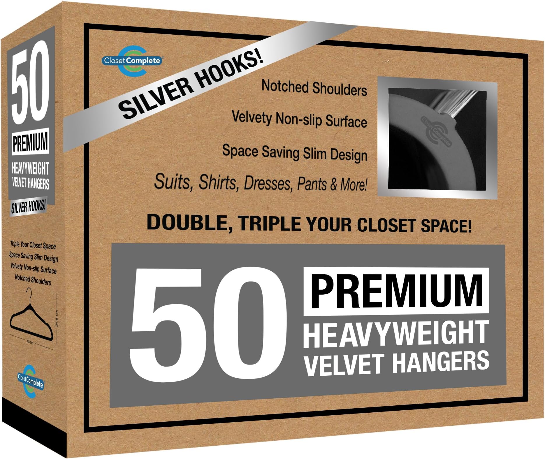 Closet Complete Premium True Heavyweight Velvet Hangers, 50, Heather Grey, Count