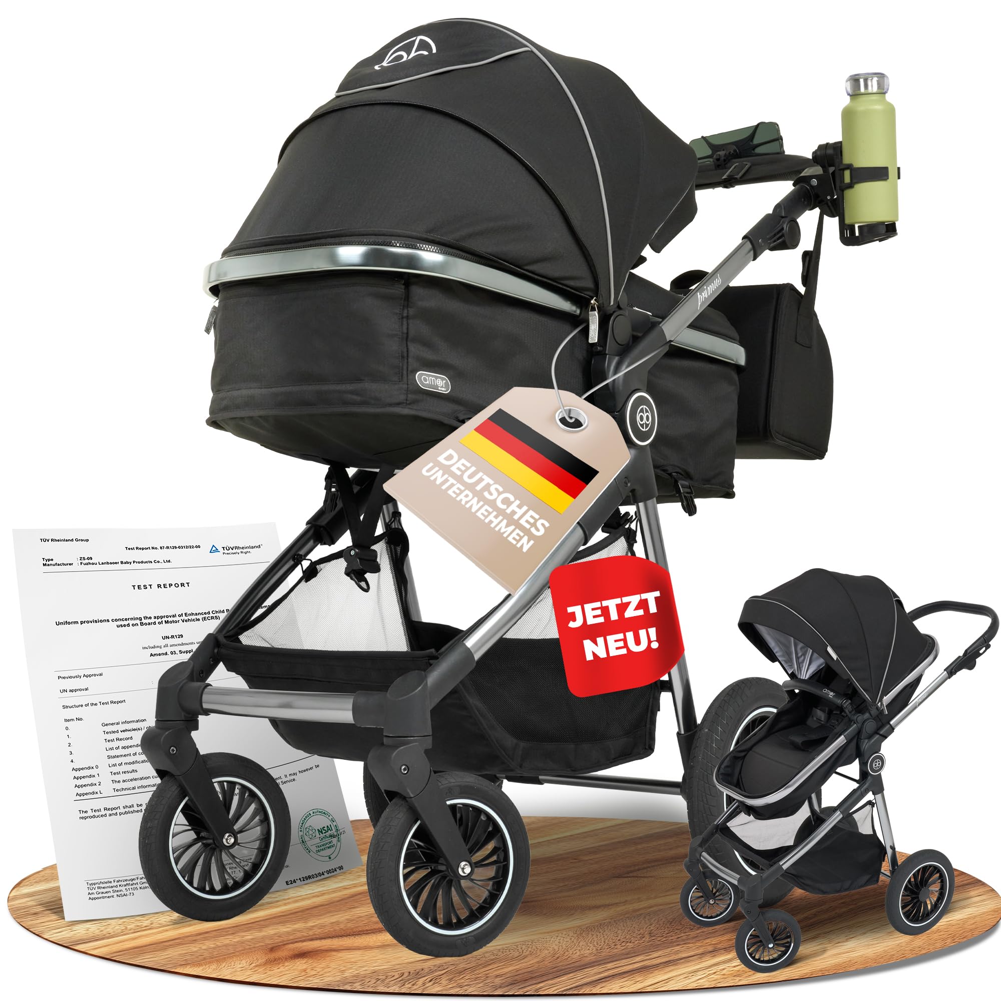Kinderwagen 2 in 1 [Babywanne & Sportsitz] Buggy mit Aluminium-Gestell | Kinderbuggy Höhenverstellbarer Griff | Stroller Baby Leicht klappbarer Reisebuggy mit Zubehör-Set | Buggys – AMOR BABY®