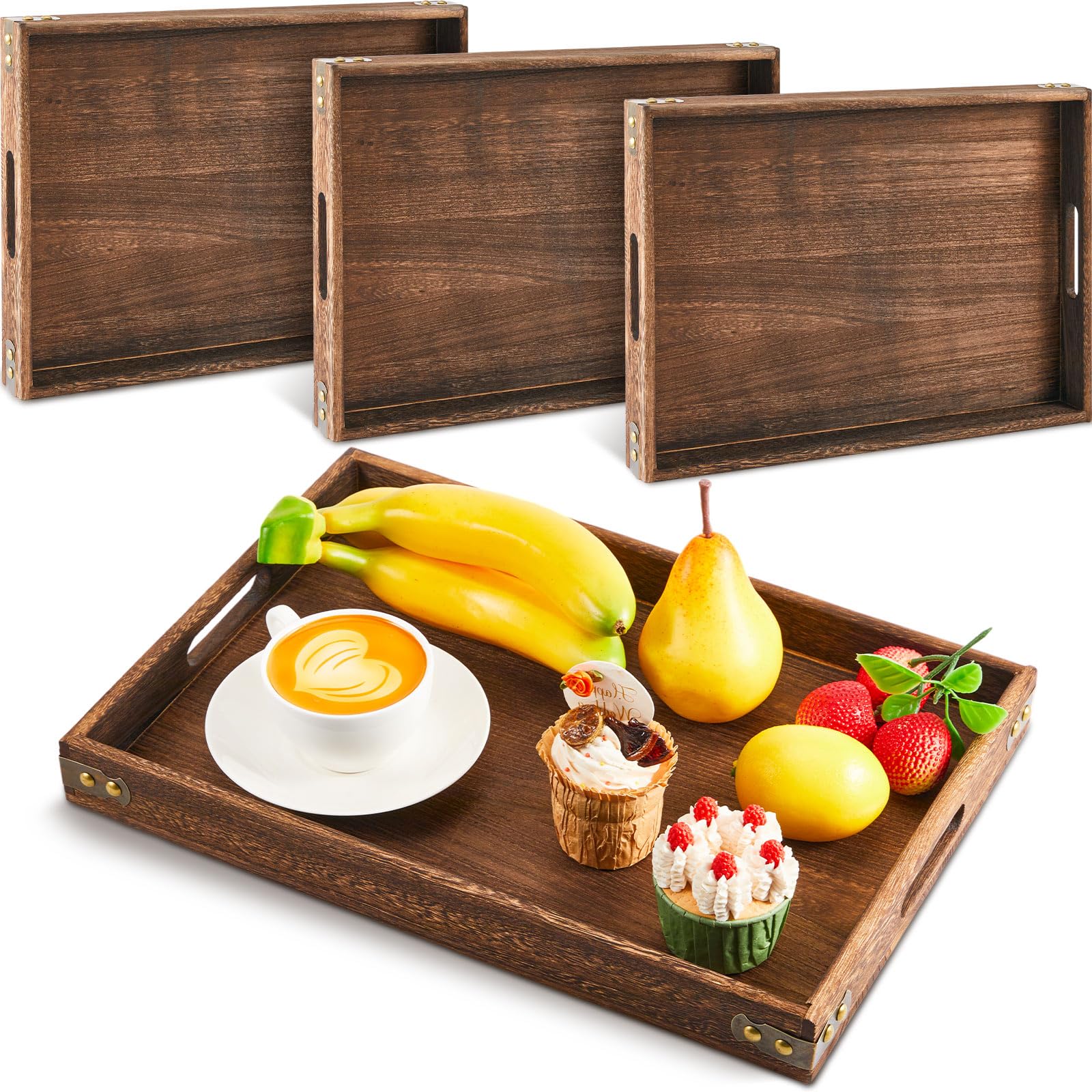Lallisa 4 Pcs Large Rustic Wooden Serving Tray Rectangular Ottoman Tray with Handles Wood Tray Decorative Serving Trays Platter for Party, Coffee Tables, Breakfast, Home (Brown,15.75 x 11.02 x 1.57)