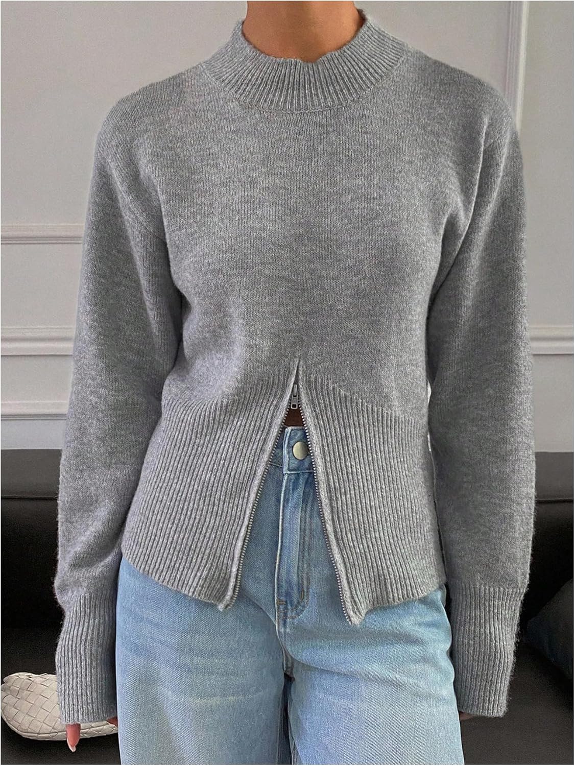 WDIRARA Women's Mock Neck Long Sleeve Sweaters Zipper Front Knit Tops Pullover Knitwear - Image 2