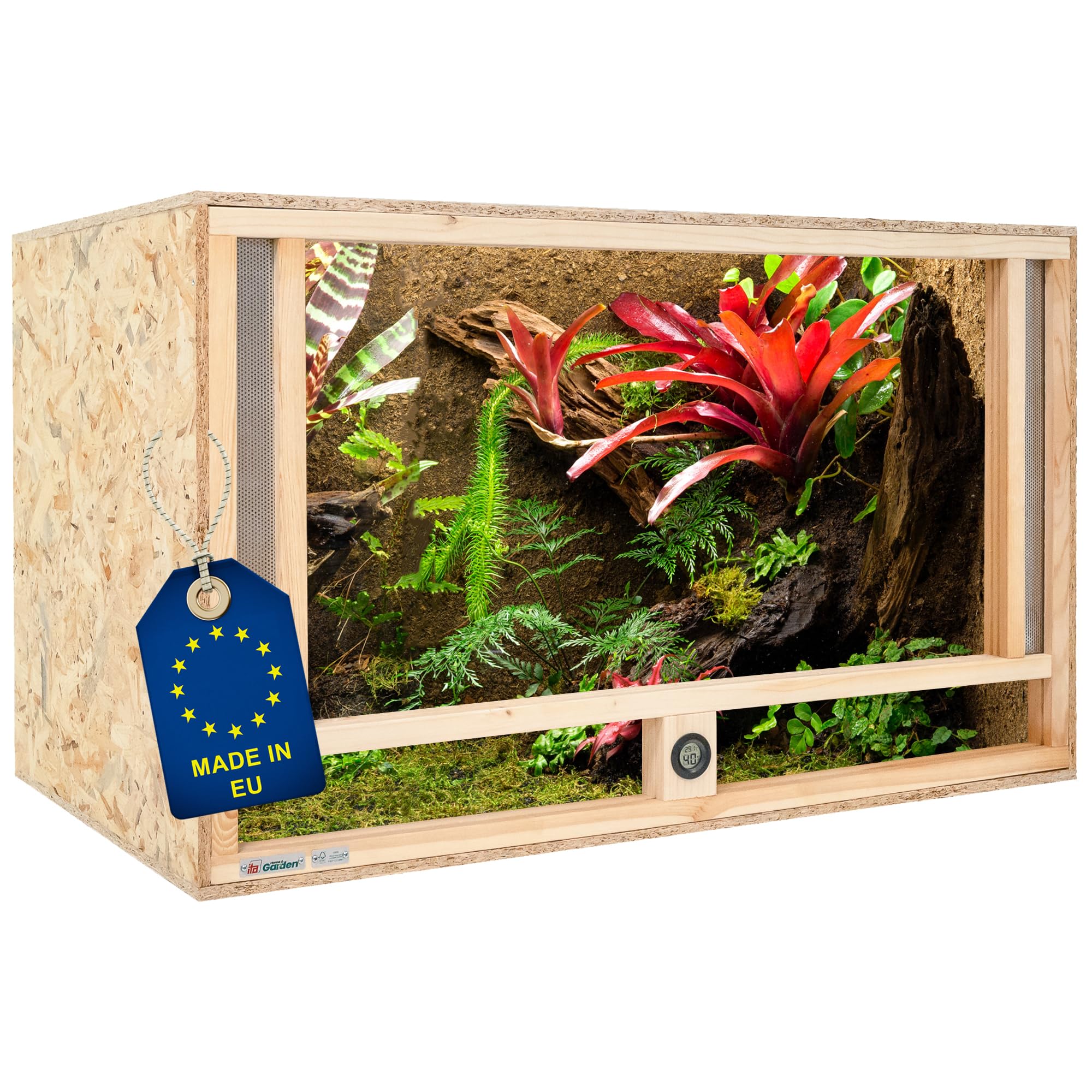 ITA Holz Terrarium 120x60x60 cm mit Frontbelüftung & Integriertem Hygrometer - Holzterrarium aus OSB-3 Platten - Terrarien für Reptilien, Schlangen, Amphibien - EU Produkt, FSC Zertifiziert