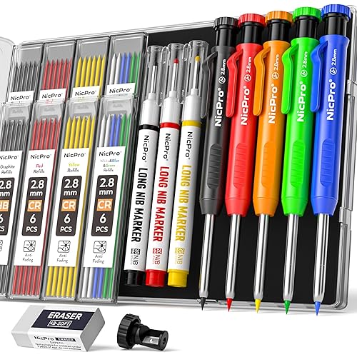 Nicpro 5 Pack Carpenter Pencils with Sharpener, Construction Mechanical Pencil with 53 Refills, Heavy Duty Marking Tools, Long Nib Marker Pens for Architect Marking (Black, Red, Orange, Green, Blue)