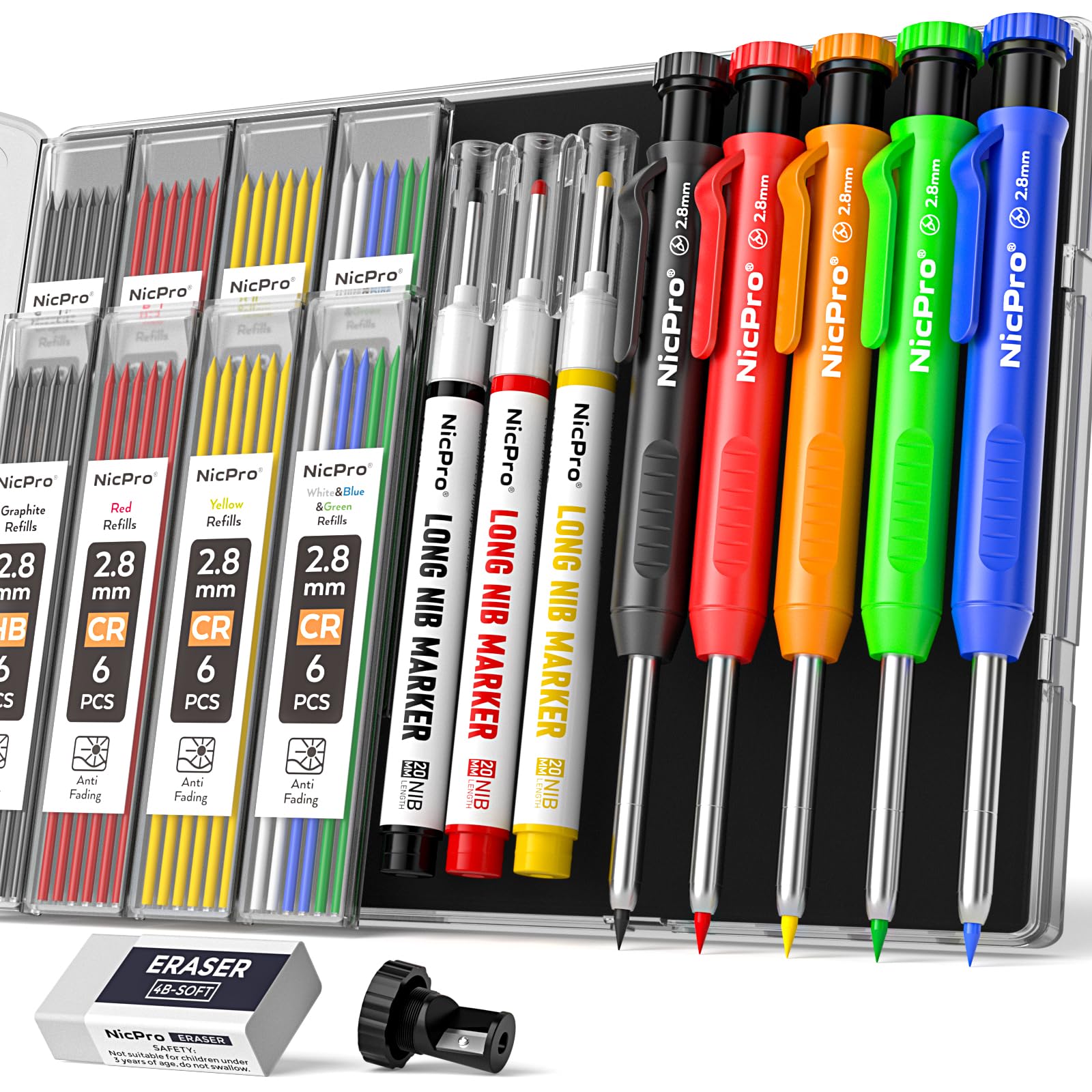 Nicpro 5 Pack Carpenter Pencil with Sharpener, Construction Mechanical Pencils with 48 Refills, Heavy Duty Marking Tool